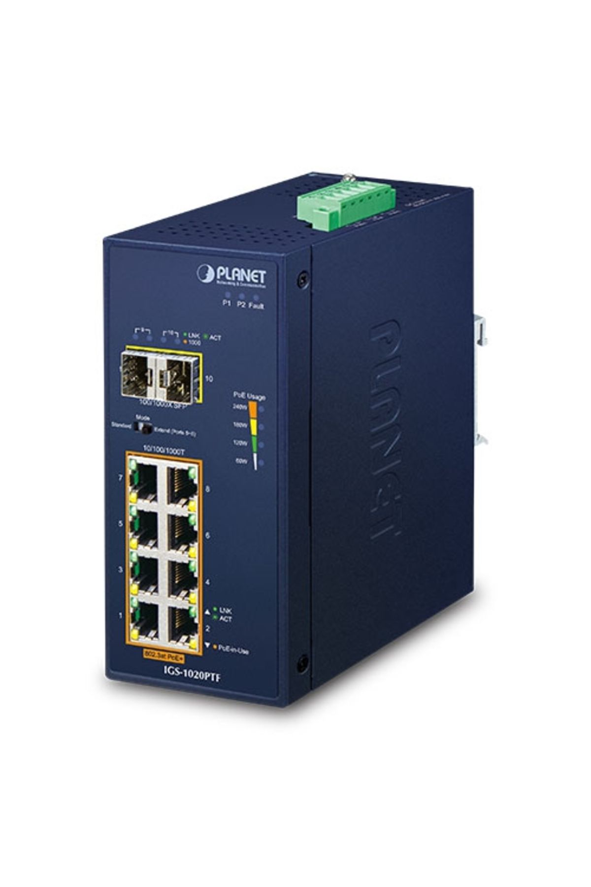 Planet Endüstriyel Yönetilemeyen PoE+ Switch (Industrial Unmanaged PoE+ Switch)<br>8-Port 10/100/1000