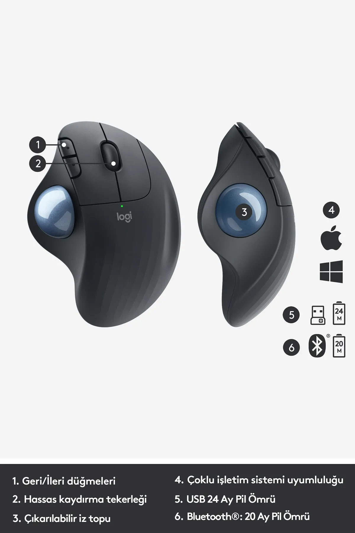 Logitech ERGO M575 Kablosuz İztopu Özellikli Konforlu Ergonomik Mouse - Siyah yni tsrm718675