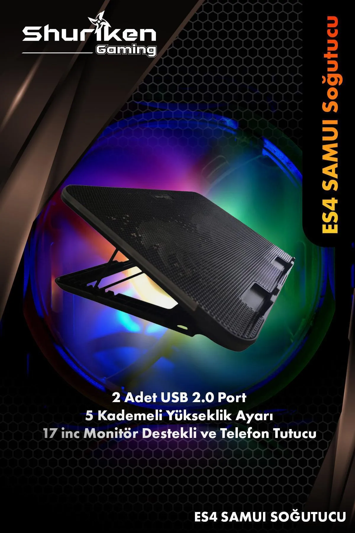 Shuriken Es4-samuı Laptop Soğutucu Stant 5 Kademeli - 2 Fan - Rgb - 2 Port Usb (15>17")