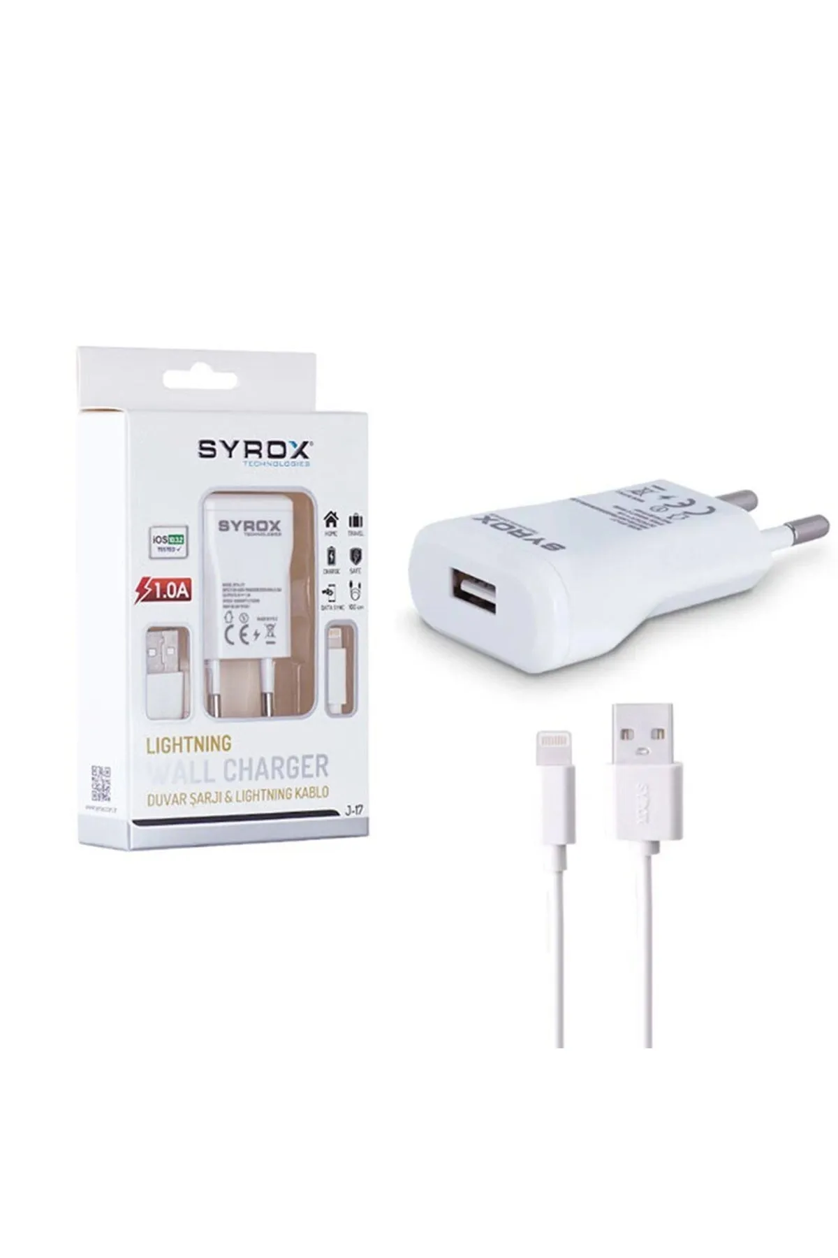 Syrox Eu-41-elektronikucuz-electronıccheap- Usb Ios Şarj Adaptörü Ve Kablosu 1m 1a J17 (iphone Uyum)