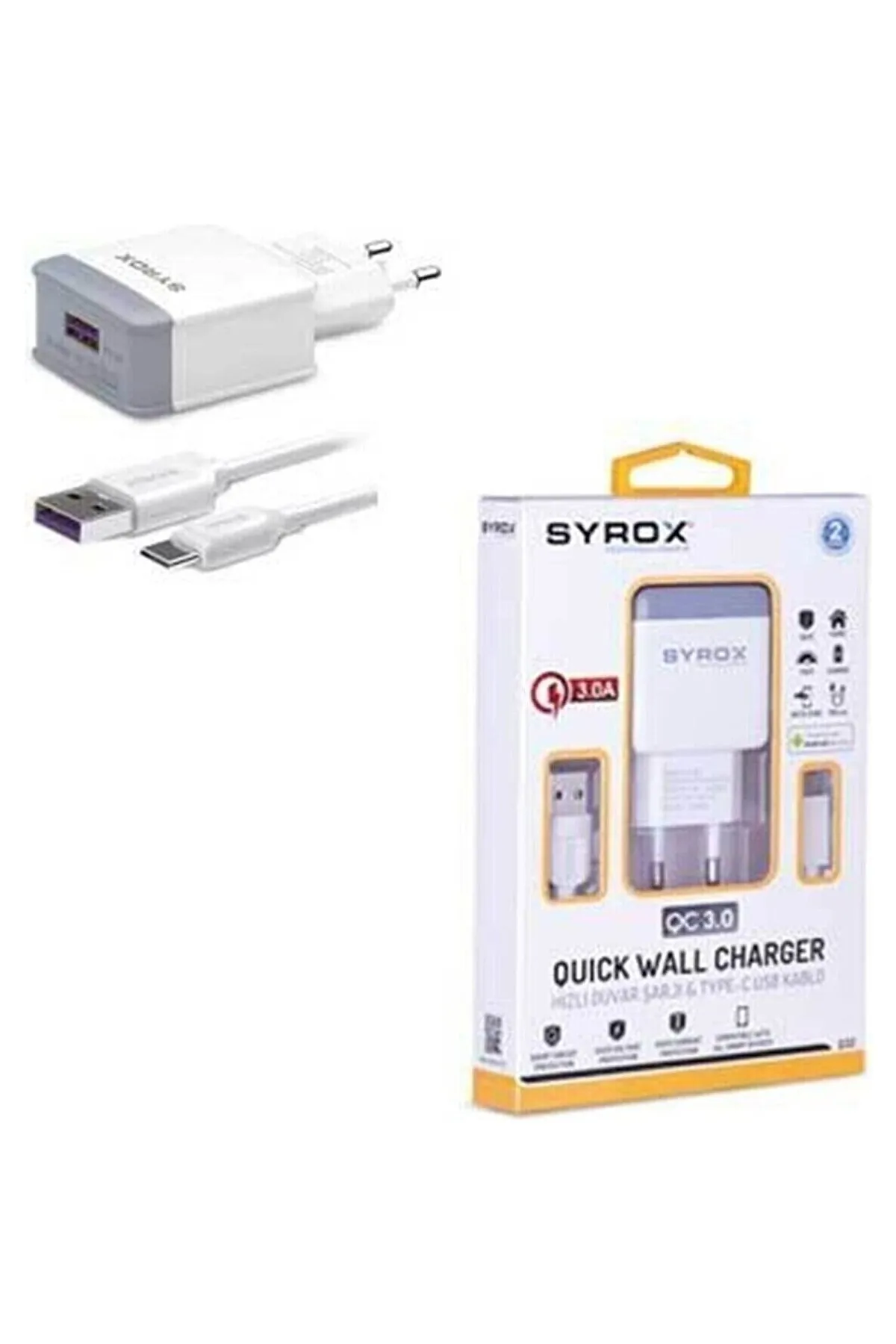 Syrox EU_32_Asus ZenFone 4 Uyumlu Type-C Girişli Hızlı Şarj Aleti Cihazı Adaptör+Kablo 3.0A Q32