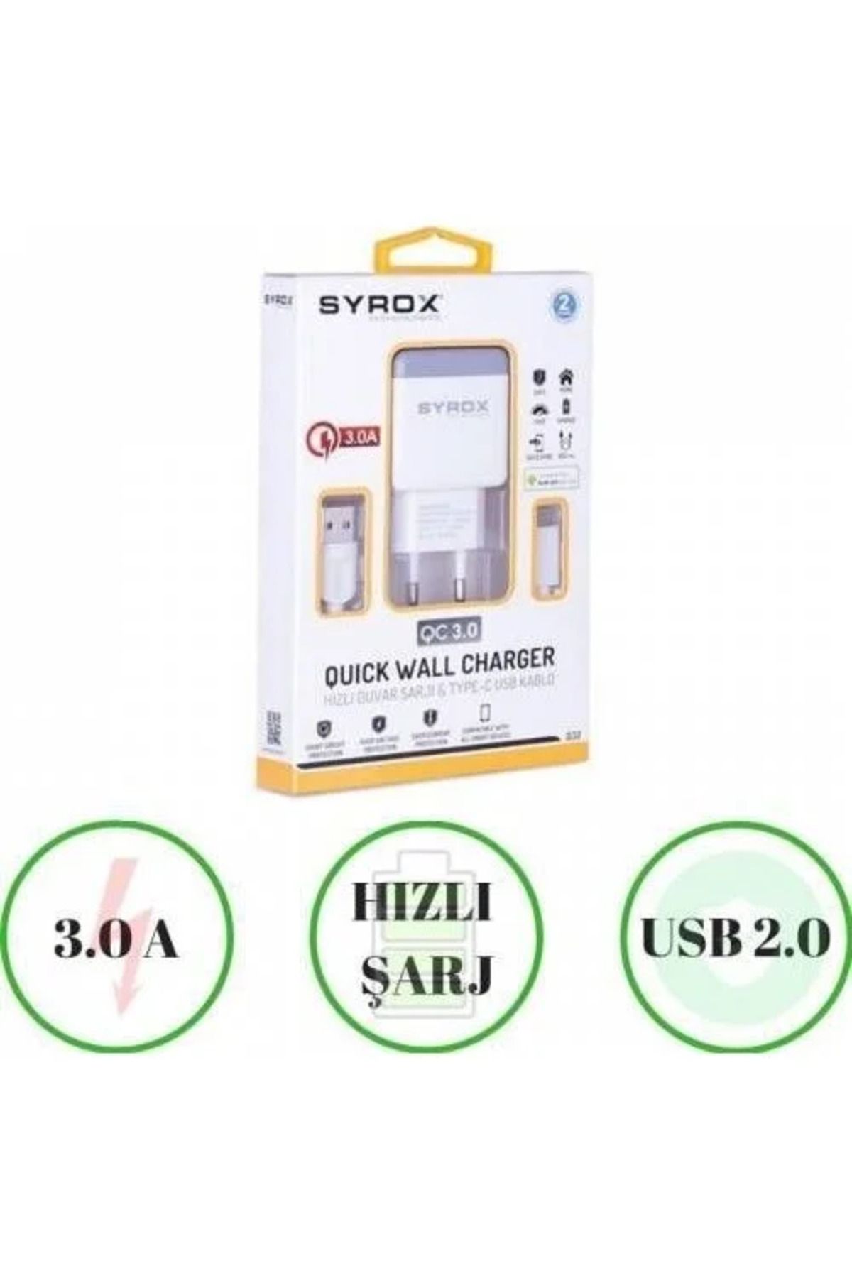 Syrox EU_32_Meizu X8 Uyumlu Type-C Girişli Hızlı Şarj Cihazı Seti Adaptör+Kablo Q32 3.0 Amper