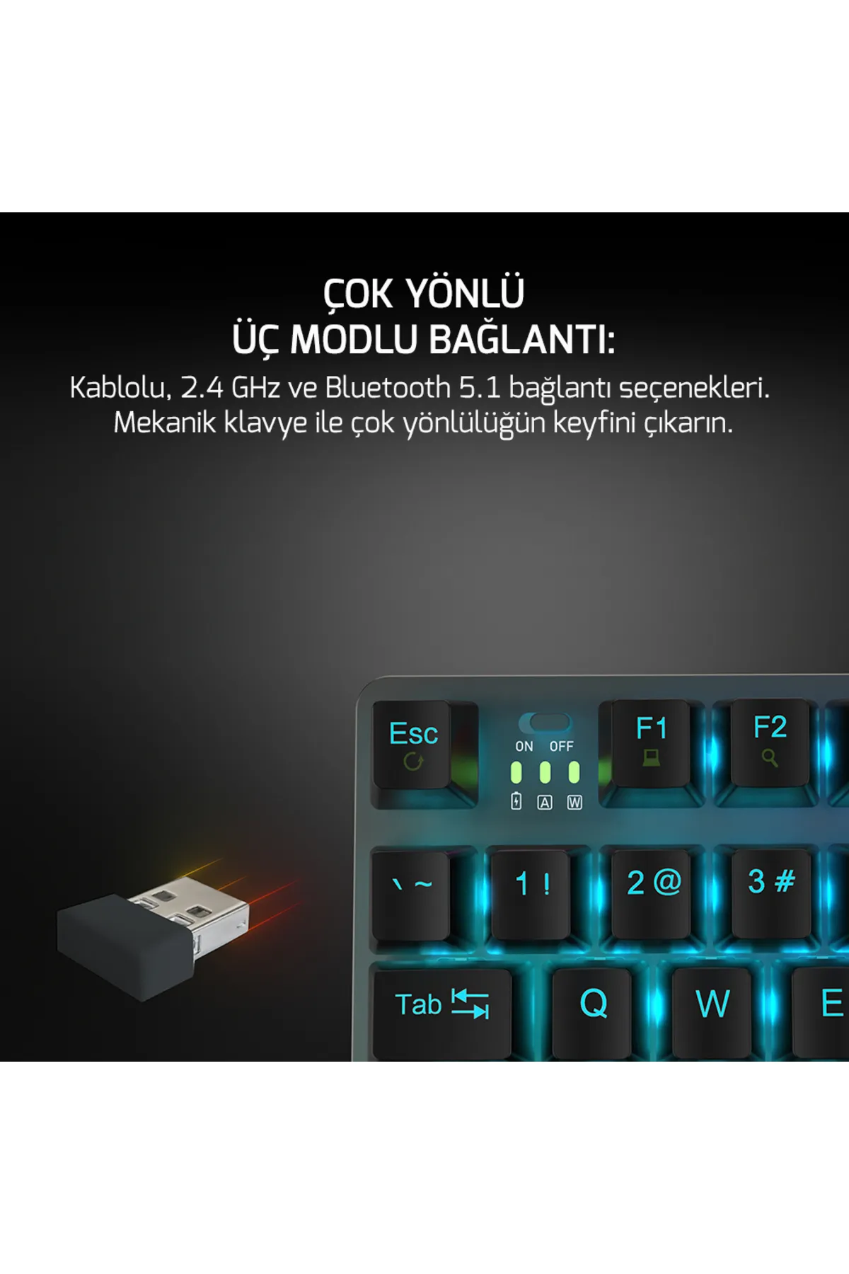 Gamepower Eva 7 60m Mekanik Kablolu, 2.4ghz, Bluetooth 3 Mod Blue Switch Türkçe Q Usb Rgb Klavye