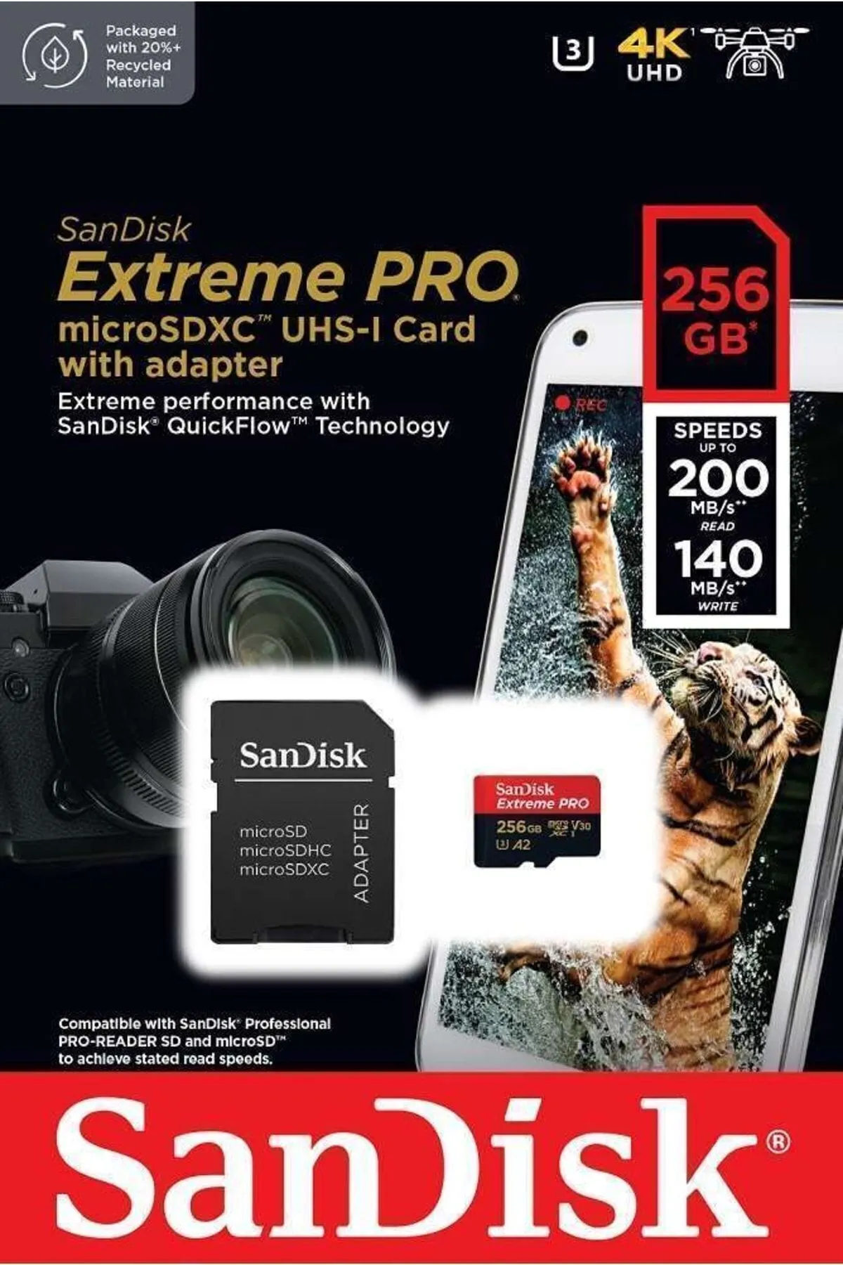 Sandisk Extreme Pro 256gb 200/140mb/s Microsdxc Uhs-ı Adaptörlü Hafıza Kartı Sdsqxcd-256g-gn6ma