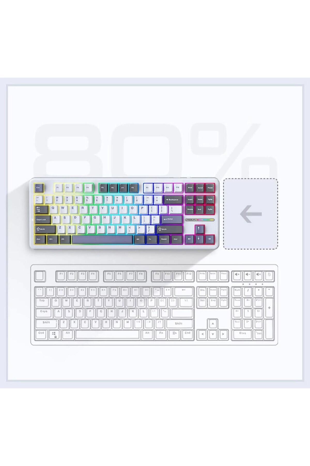 Aula F87 Mekanik Rgb Tkl Graywood V3 Switch Kablosuz Makrolu Hot Swap Klavye Beyaz