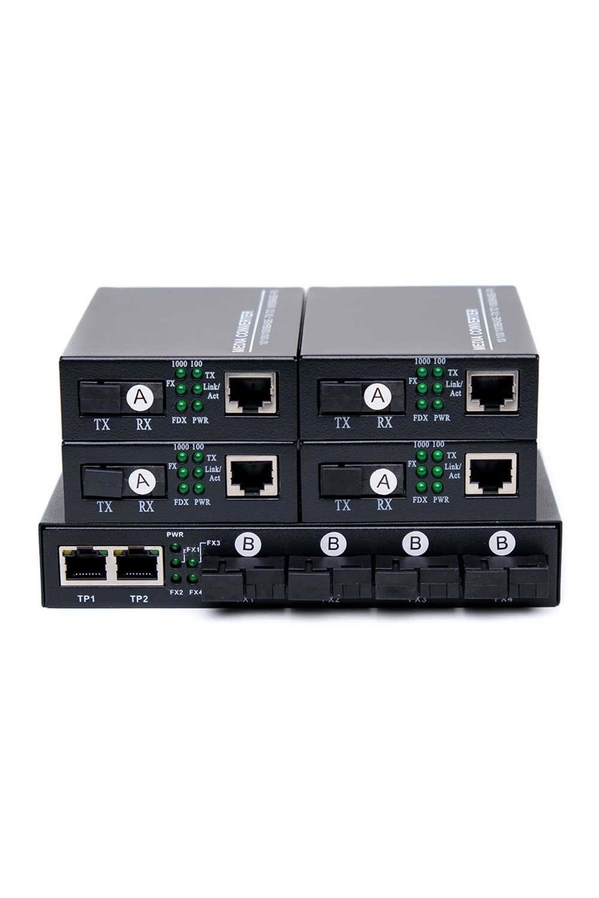 ADA Fiber Optik 4 Port 1000 Mbit Media Converter Switch+4 Adet 1000 Mbit Media Converter Set