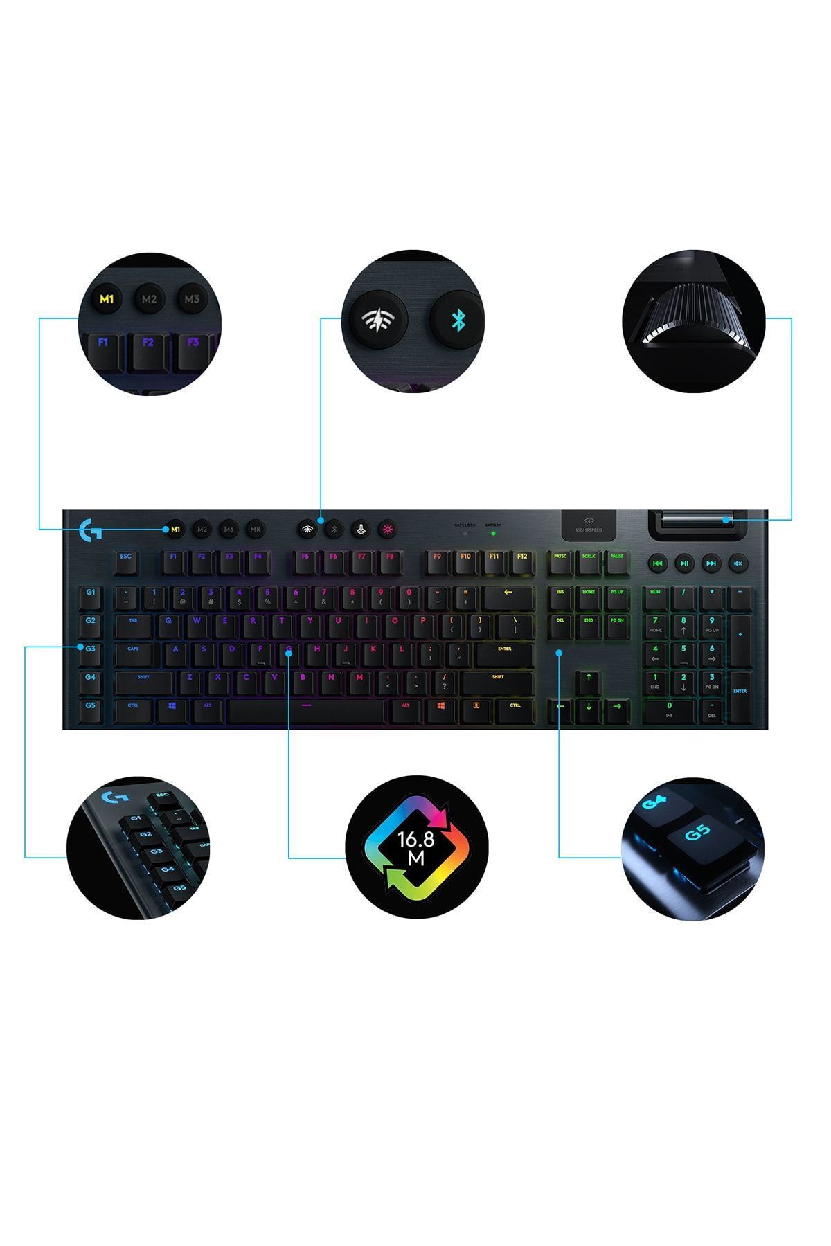 Logitech G G915 Lıghtspeed Rgb Tam Boyutlu Ingilizce Q Kablosuz Oyuncu Klavyesi - Siyah