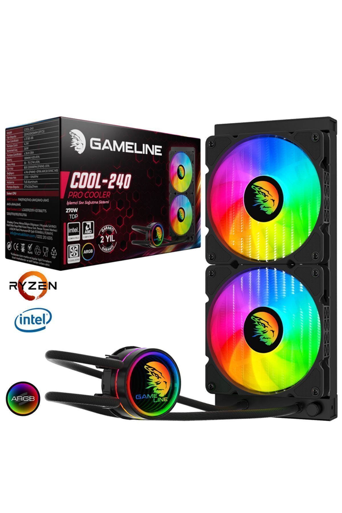 GAMELİNE Gameline COOL-240 ARGB Fanlı 240mm Sıvı Soğutma Sistemi Intel & AMD Uyumlu