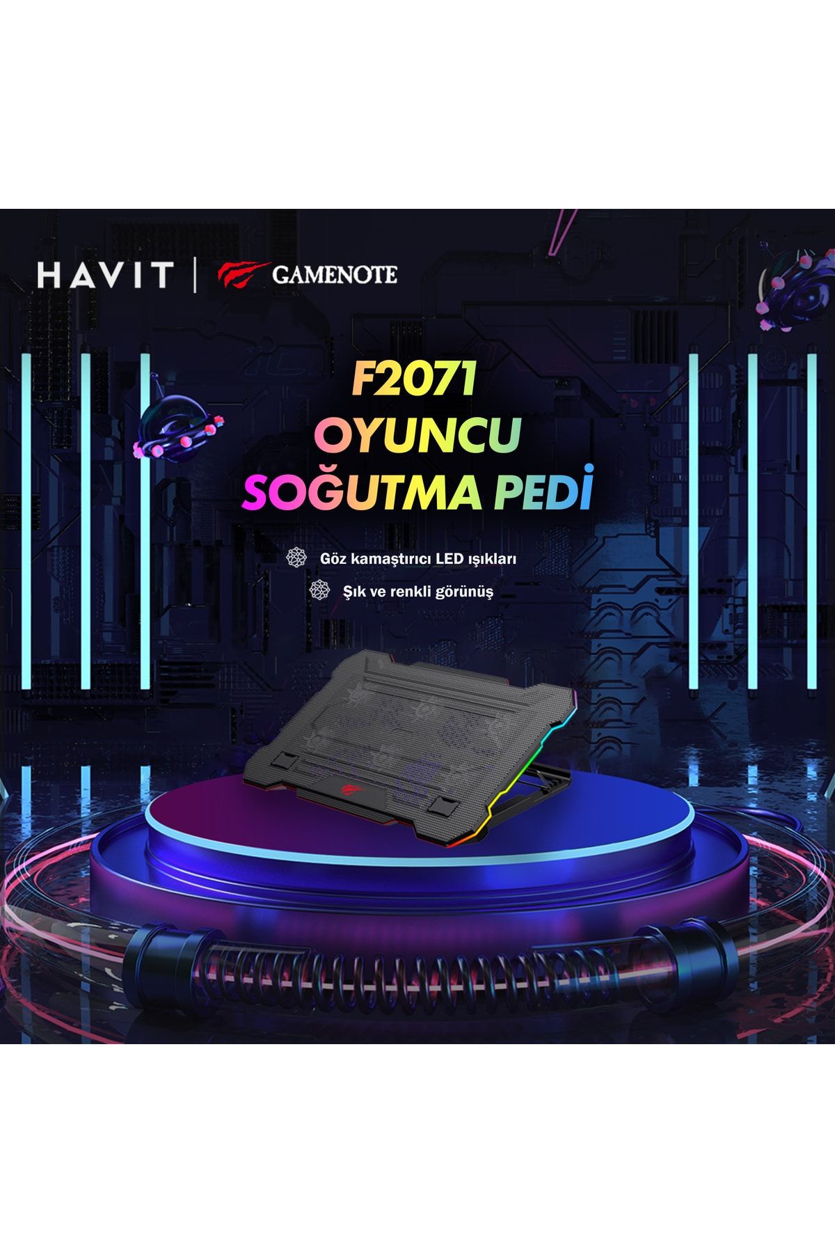 Havit Gamenote F2071 Cooling Pad RGB Gaming Laptop Soğutucu -Ayarlanabilir 6 Fan 2500RPM Uyumlu