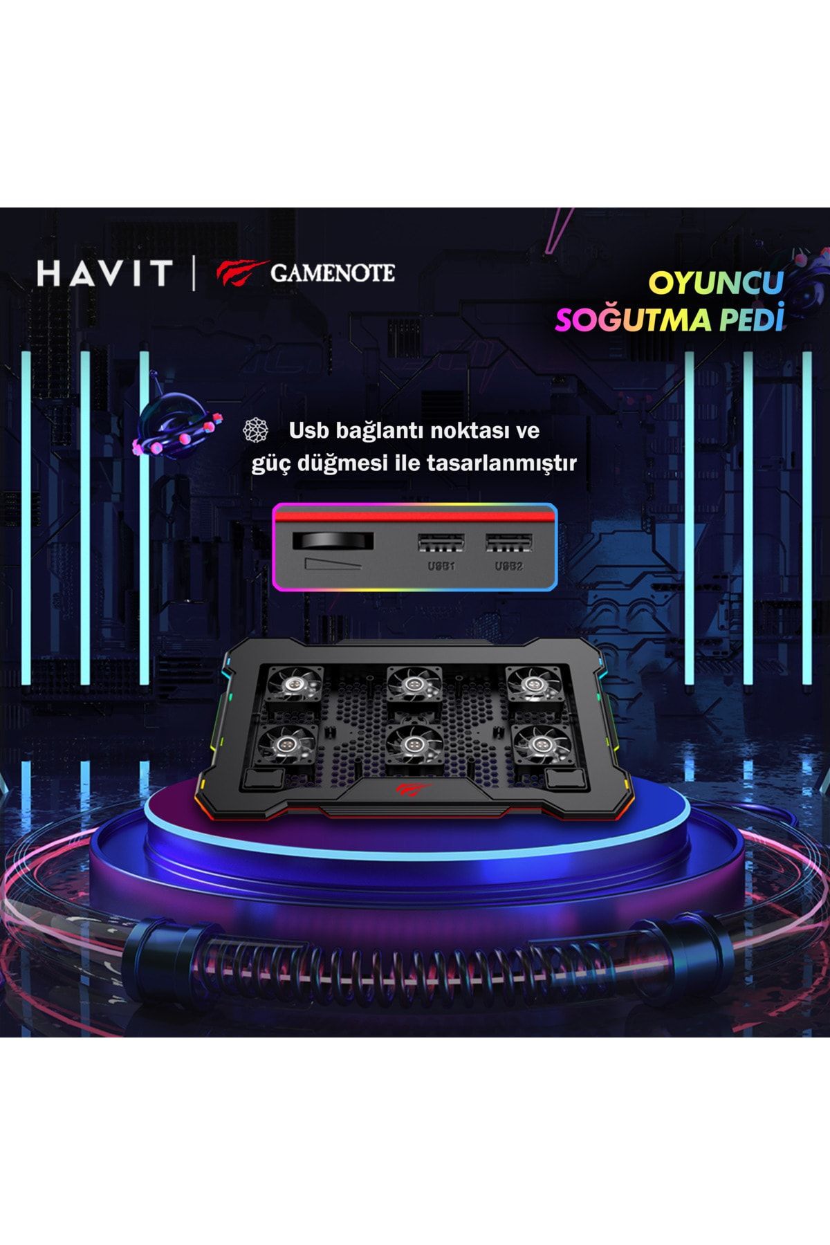 Havit Gamenote F2071 Cooling Pad RGB Gaming Laptop Soğutucu -Ayarlanabilir 6 Fan 2500RPM Uyumlu