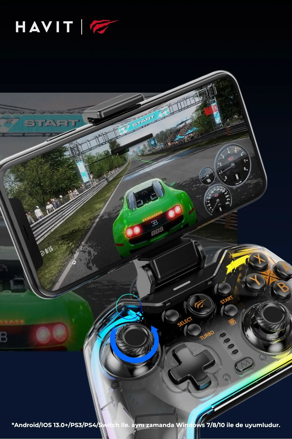 Havit Gamenote G158BT Pro Transparan RGB Gamepad Joystick (Android, IOS, PS3, PS4, Switch,PC Uyumlu)