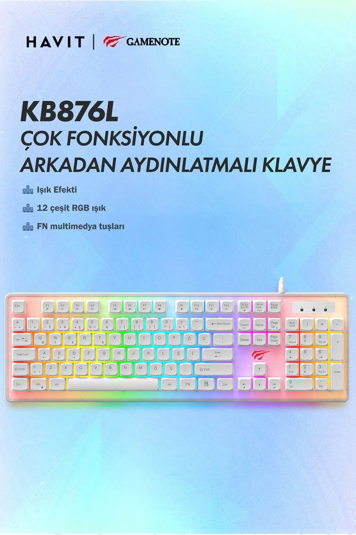 Havit Gamenote Kb876l Mekanik Hisli Gaming Türkçe Q Rgb Işıklı Beyaz Oyuncu Klavyesi