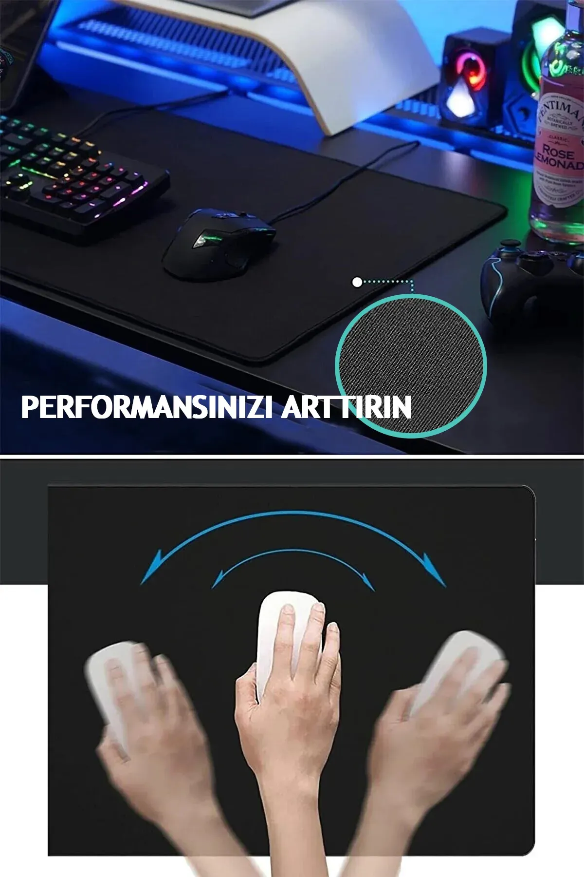 Factorial Gamepad Mouse Pad Siyah Renk Uzun Ölçü 90cmx40cm Dikişli Kenar Kaydırmaz Dayanıklı Fare Altlık Taban