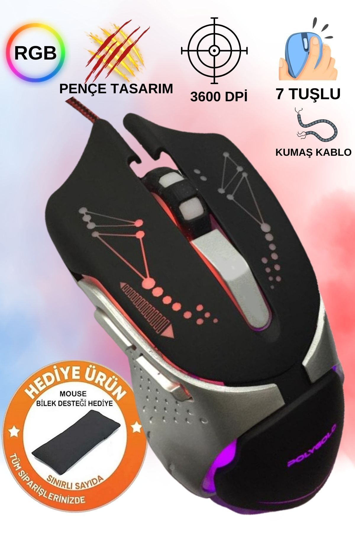 Zineets Gaming Işıklı Oyuncu Mouse 3600 Dpi 7 Tuşlu Kumaş Kablo Gamer Rgb Kablolu Mouse Proffesyonel