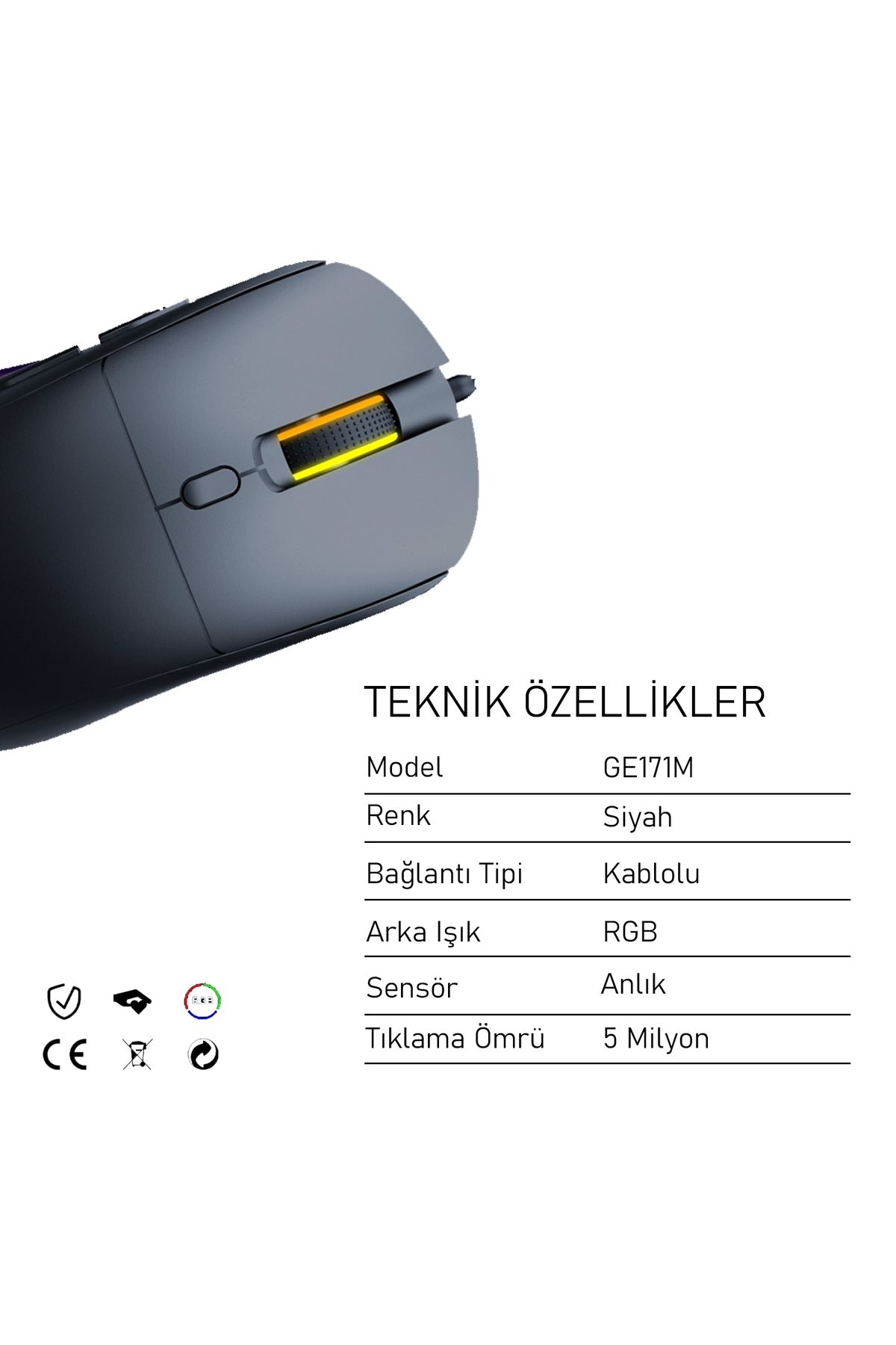 gameagle GE171M Kablolu RGB Oyuncu Optik Mouse (Siyah)