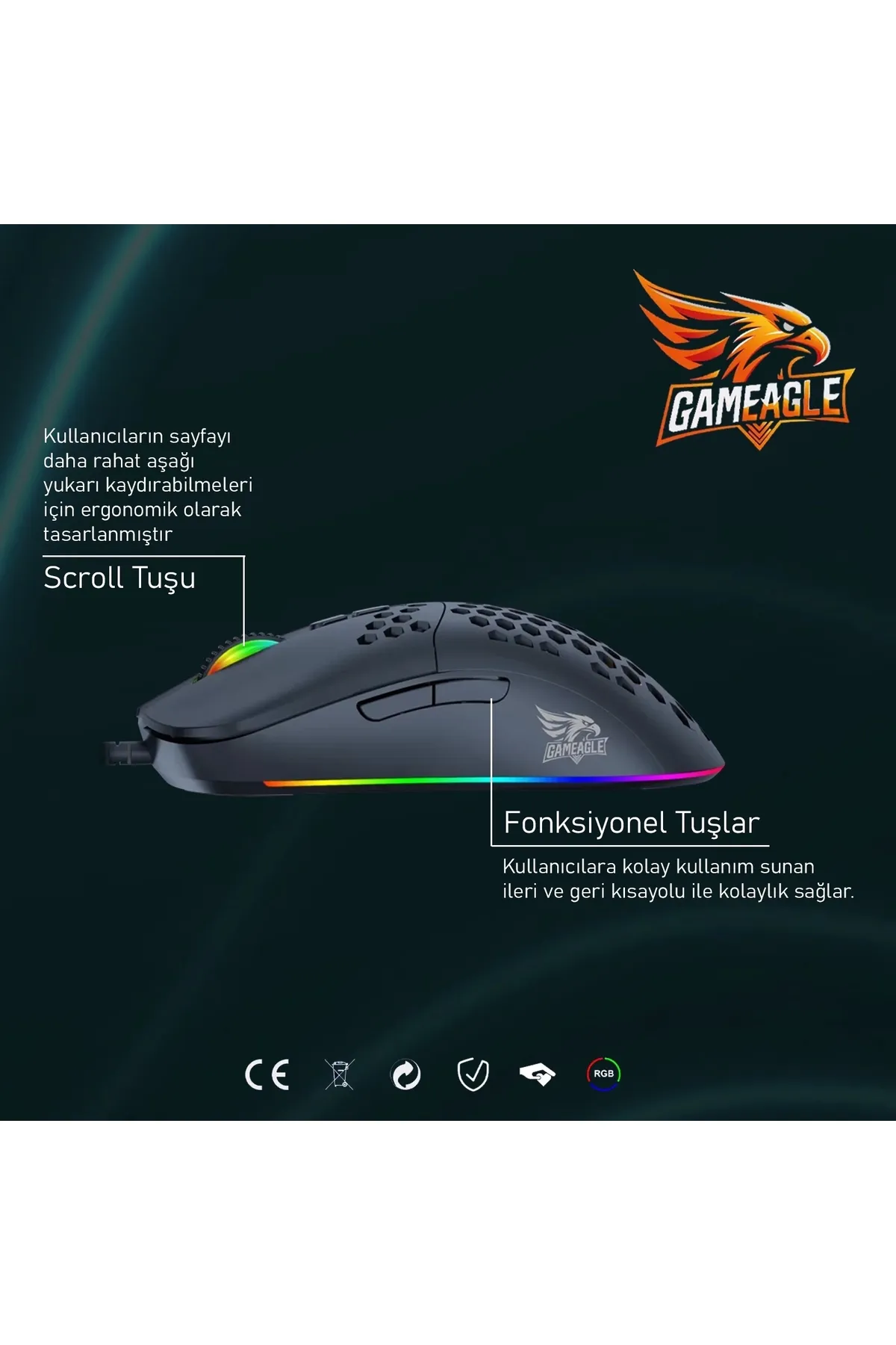 gameagle GE69B Ultra Hafif Kablolu RGB Oyuncu Optik Mouse (Siyah)