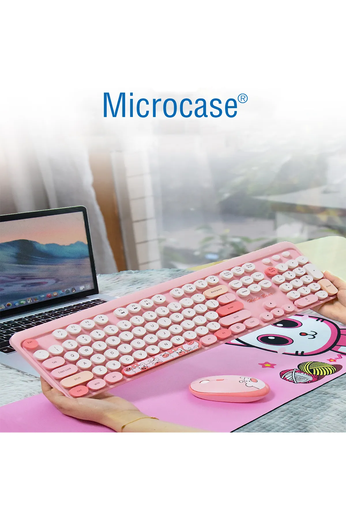 Microcase Geezer Ayıcık Desenli Kablosuz Renkli Yuvarlak Tuşlu Klavye Mouse Set-AL4186