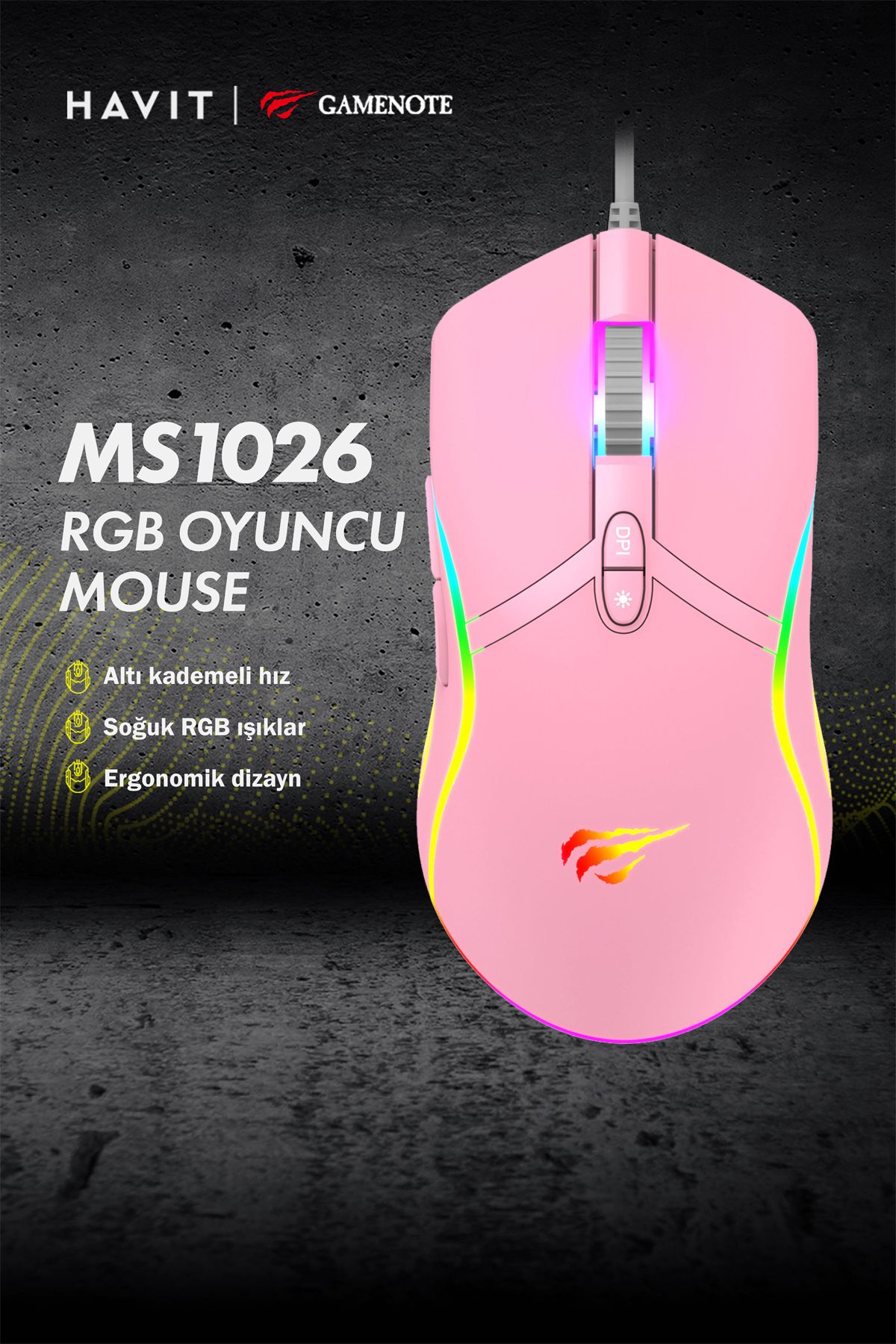 Havit Gkcx MS1026 RGB Uyumlu Pembe Gaming Oyuncu Mouse 6400DPI New Desng 1017785