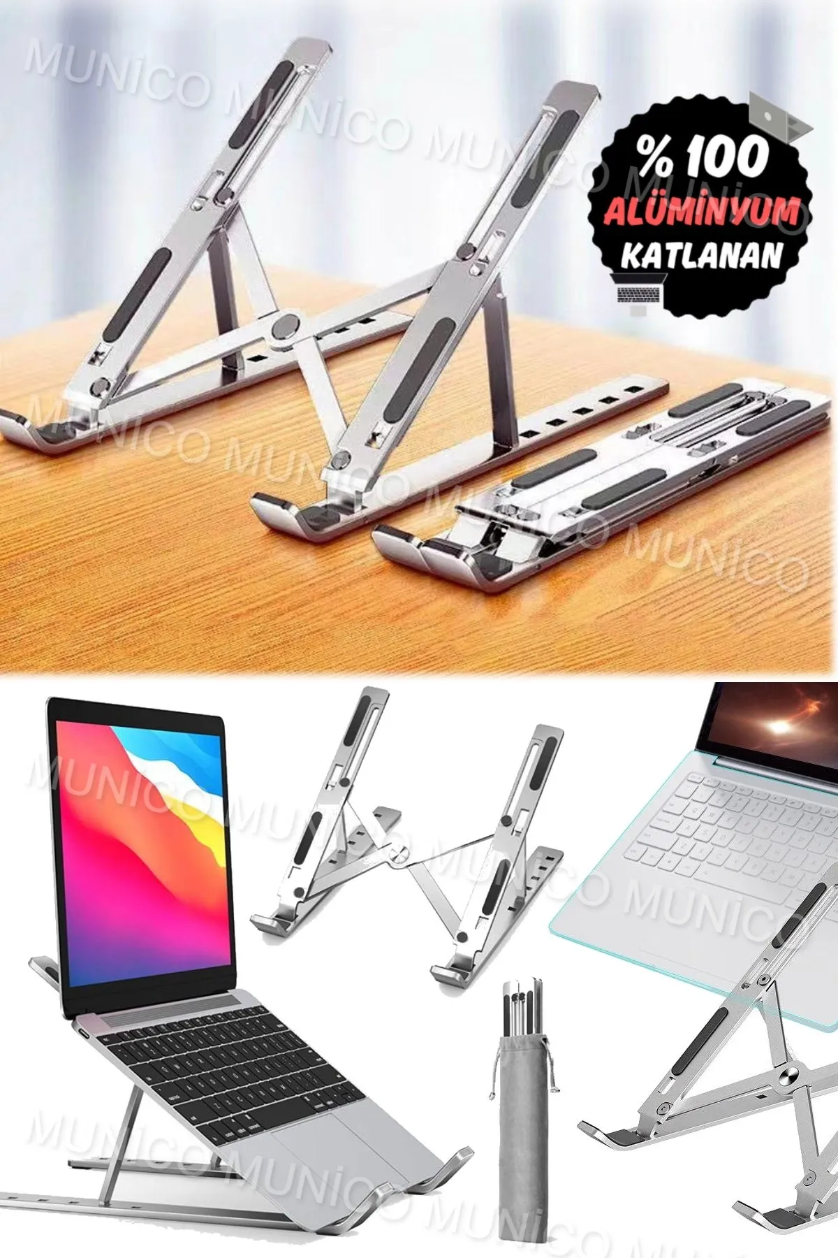 Munico Gümüş Katlanır Aluminyum Macbook Laptop Bilgisayar Standı Kırılmaz Düşmez Ömürlük Ayarlanabilir Pro