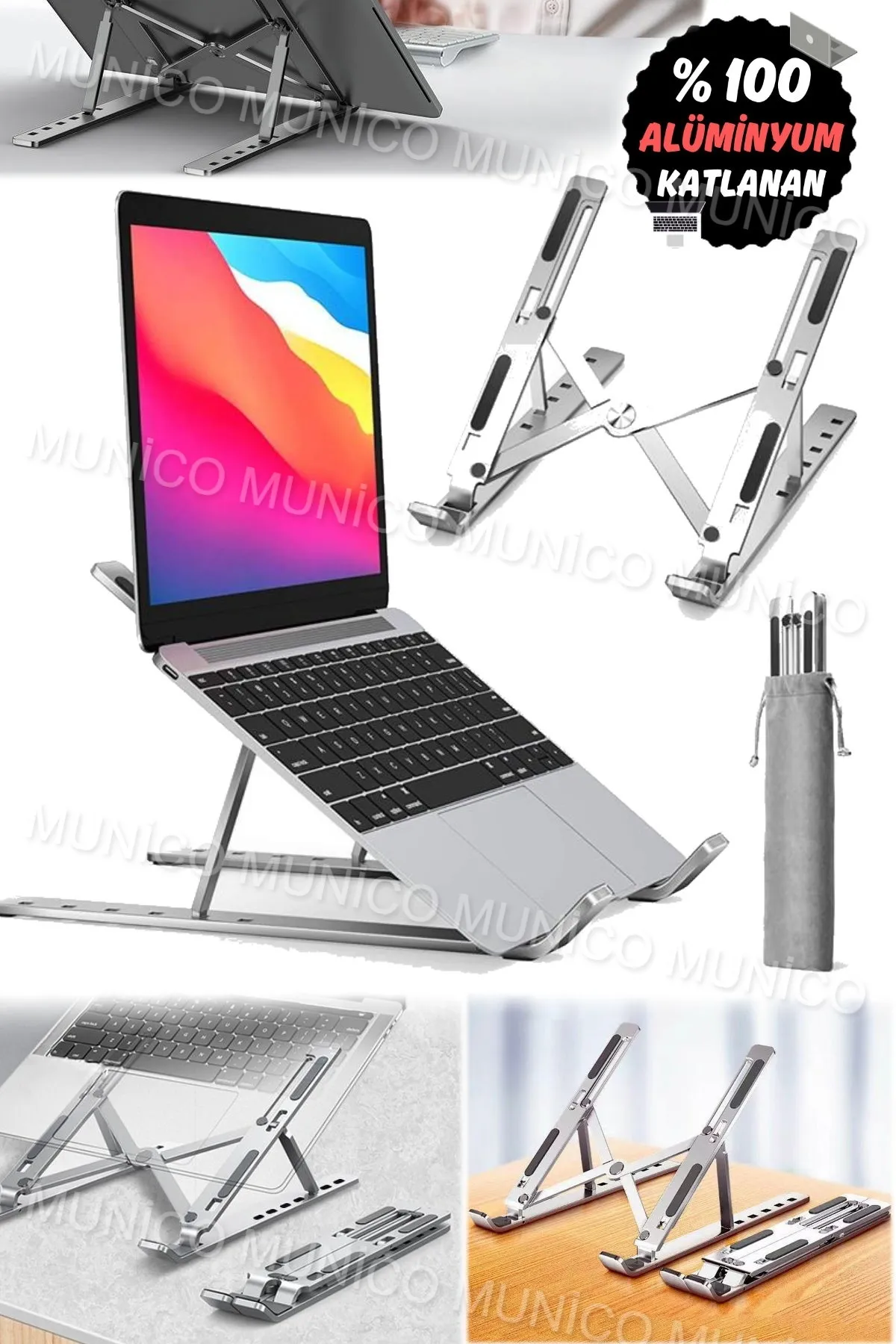 Munico Gümüş Katlanır Aluminyum Macbook Laptop Bilgisayar Standı Kırılmaz Düşmez Ömürlük Ayarlanabilir Pro