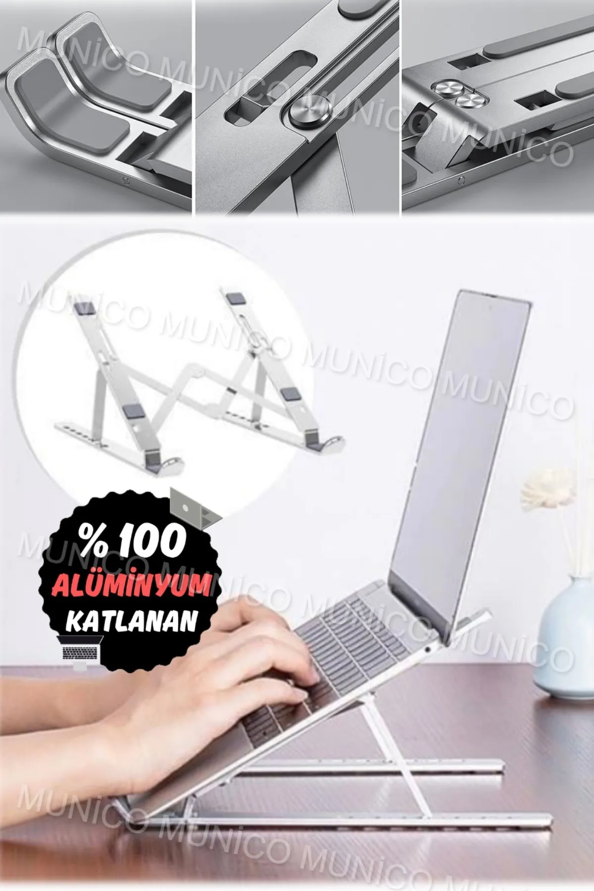 Munico Gümüş Katlanır Aluminyum Macbook Laptop Bilgisayar Standı Kırılmaz Düşmez Ömürlük Ayarlanabilir Pro