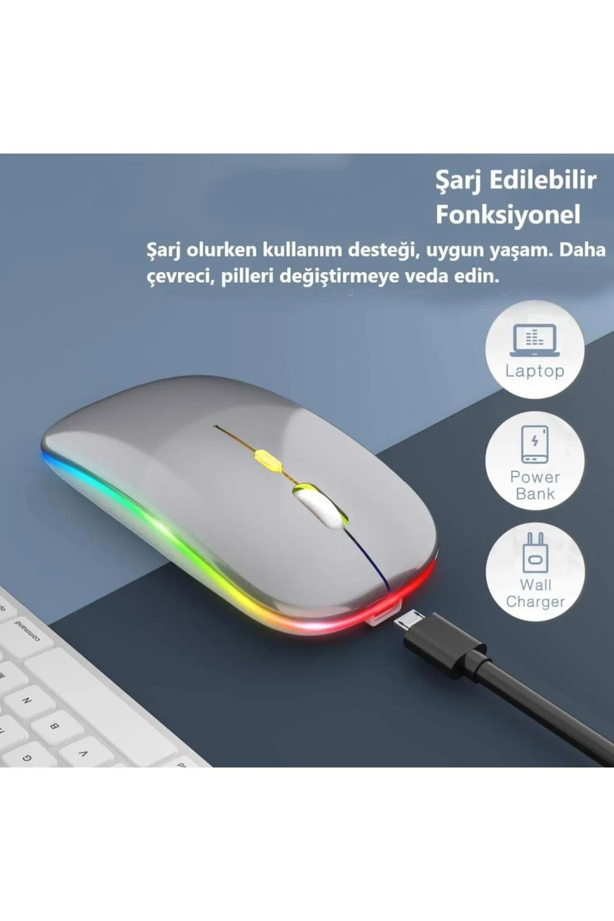 Osqar Gri Kablosuz Fare Wireless Mouse 4 Tuşlu Renk Sessiz Tıklama Şarj Edilebilir Mouse