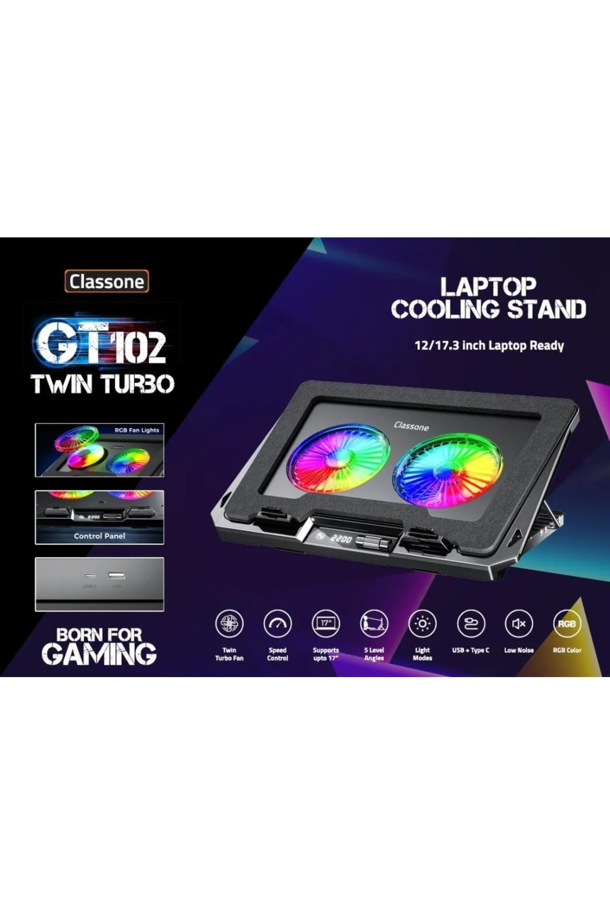 Classone GT102 Gaming Laptop Soğutucu, 2200rpm , Rgb Işıklı , Led Display , Notebook Soğutucu Stand