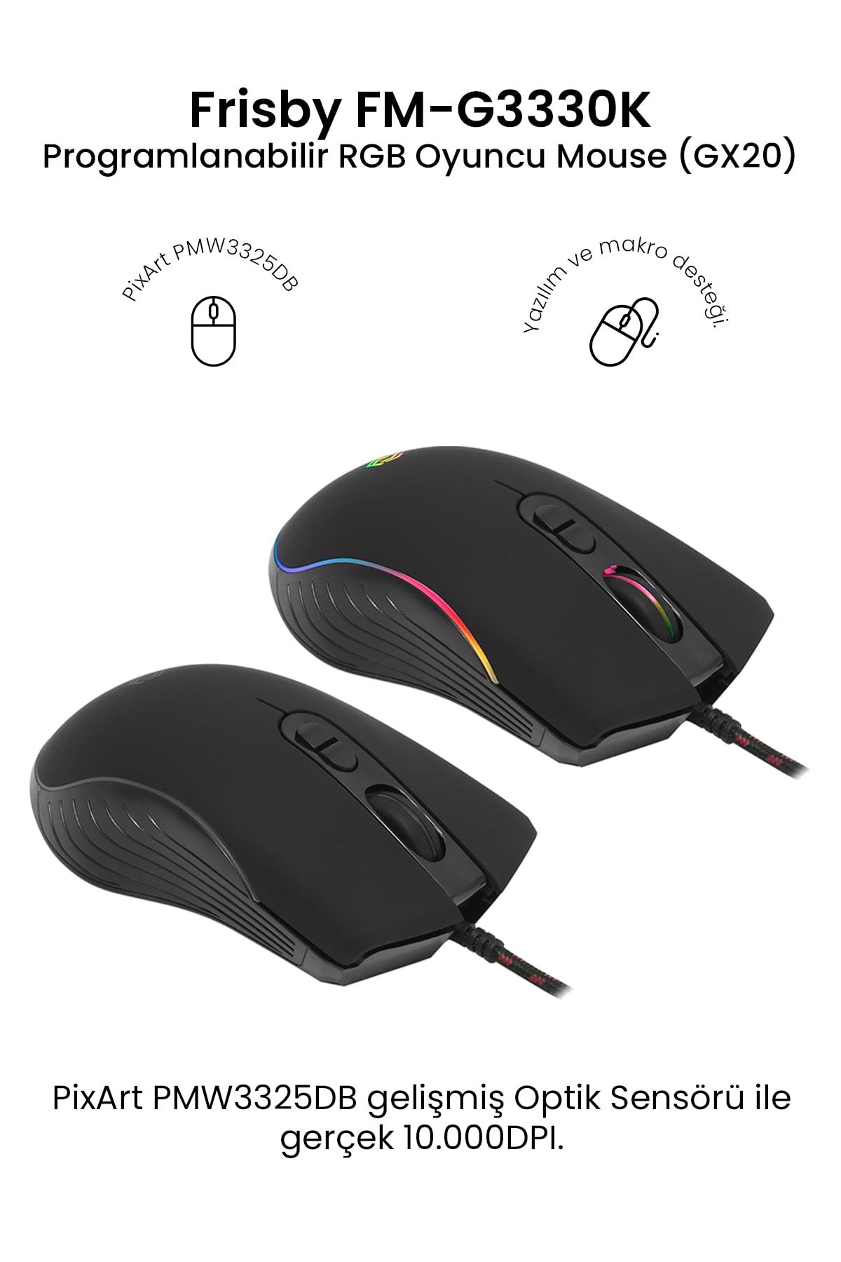 Frisby Gx-20 Pro 10000 Dpı Makrolu Rgb Işıklı Gaming Oyuncu Mouse