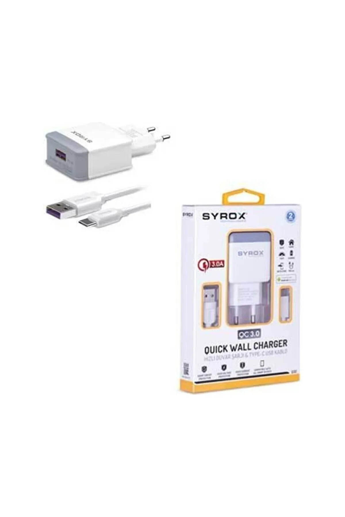 Syrox HAUE_CAT S48C Uyumlu Type-C Girişli Hızlı Şarj Aleti Cihazı Adaptör+Kablo 3.0A Q32