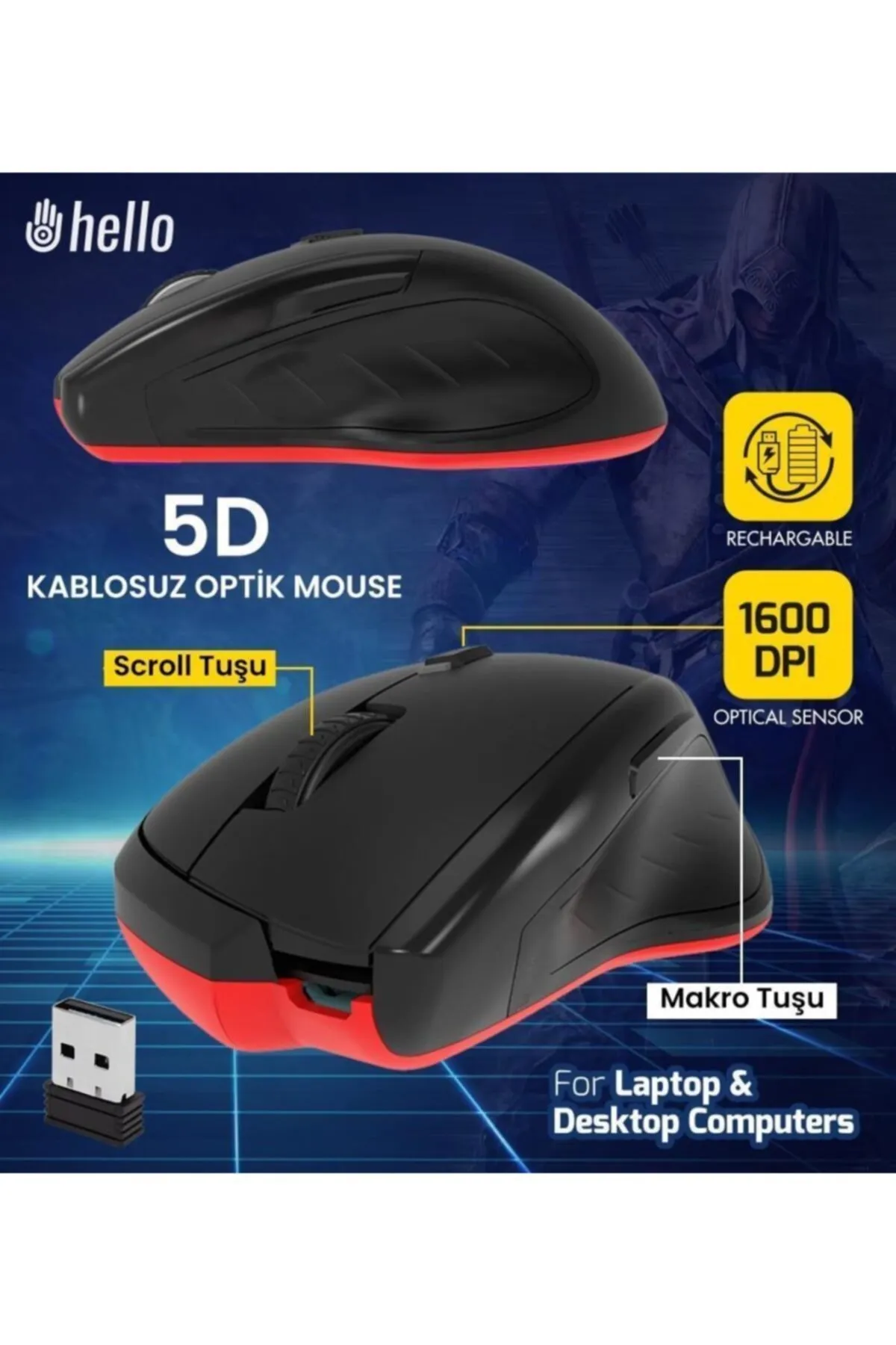 Hello HL-4701 2.4GHZ 1600 DPI ŞARJLI 5D KABLOSUZ OPTİK MOUSE