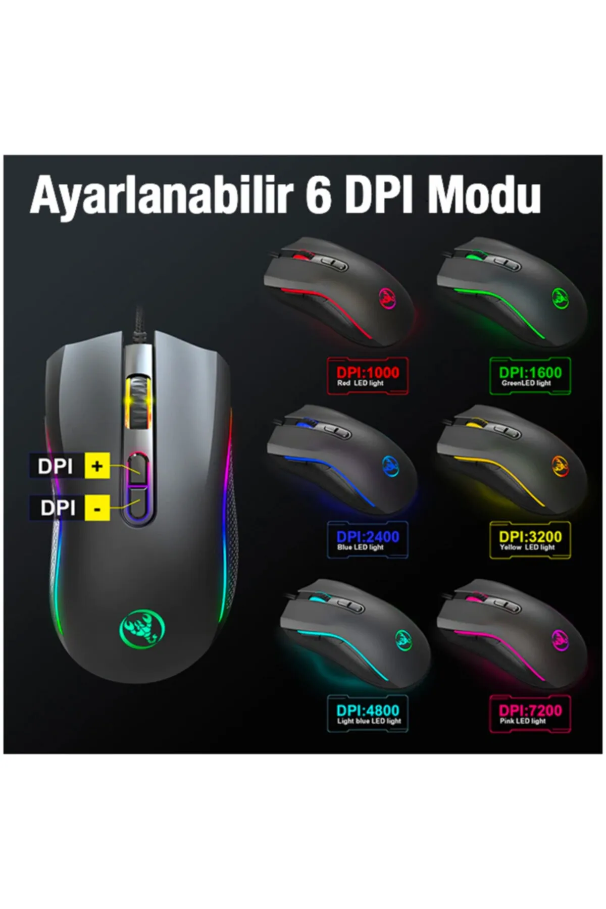 Revix Hxsj A869 7200dpı Ayarlanabilir Rgb Işık Gaming Oyuncu Mouse