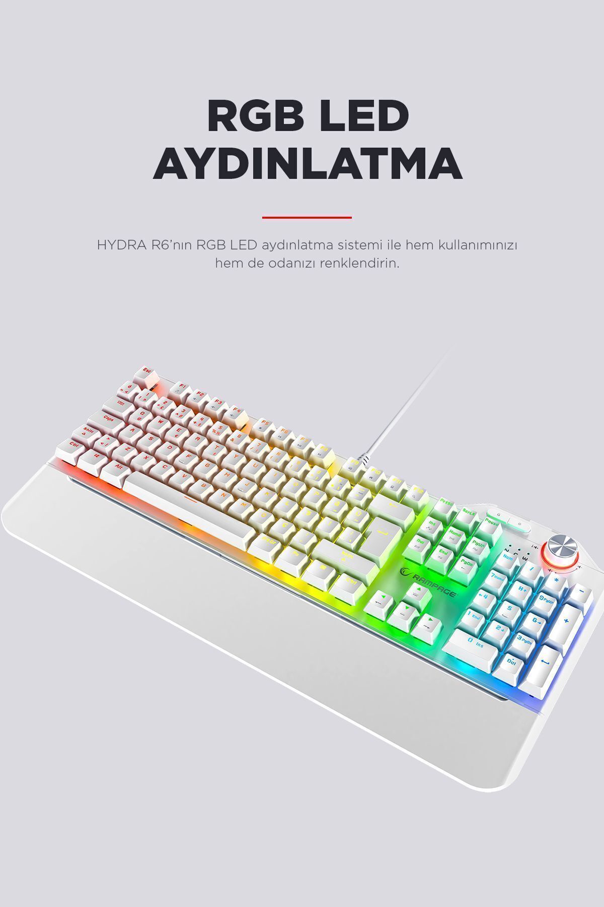 Rampage Hydra R6 Full Rgb Led Beyaz Gaming Pro Red Switch Q Aluminyum Kaplama Multimedia Mekanik Klv