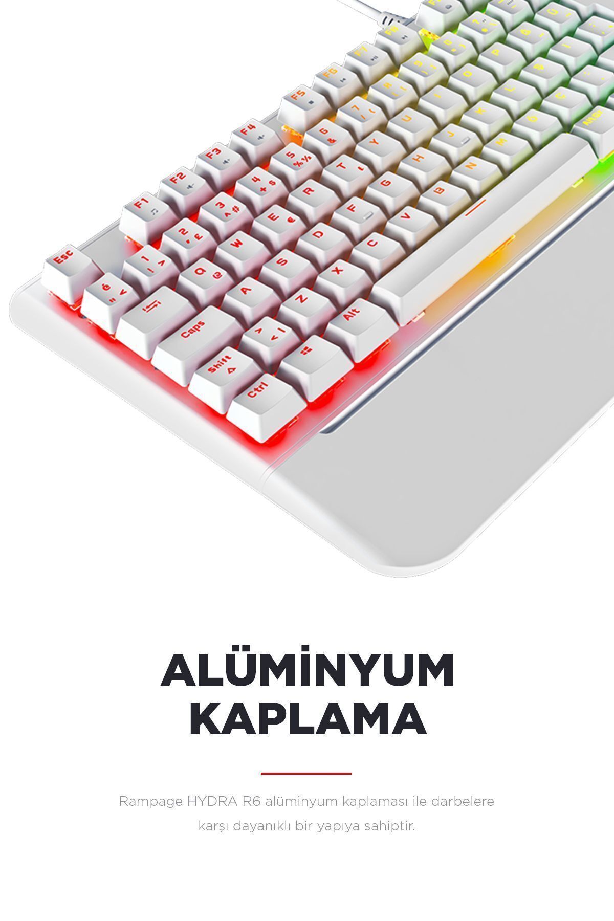 Rampage Hydra R6 Full Rgb Led Beyaz Gaming Pro Red Switch Q Aluminyum Kaplama Multimedia Mekanik Klv