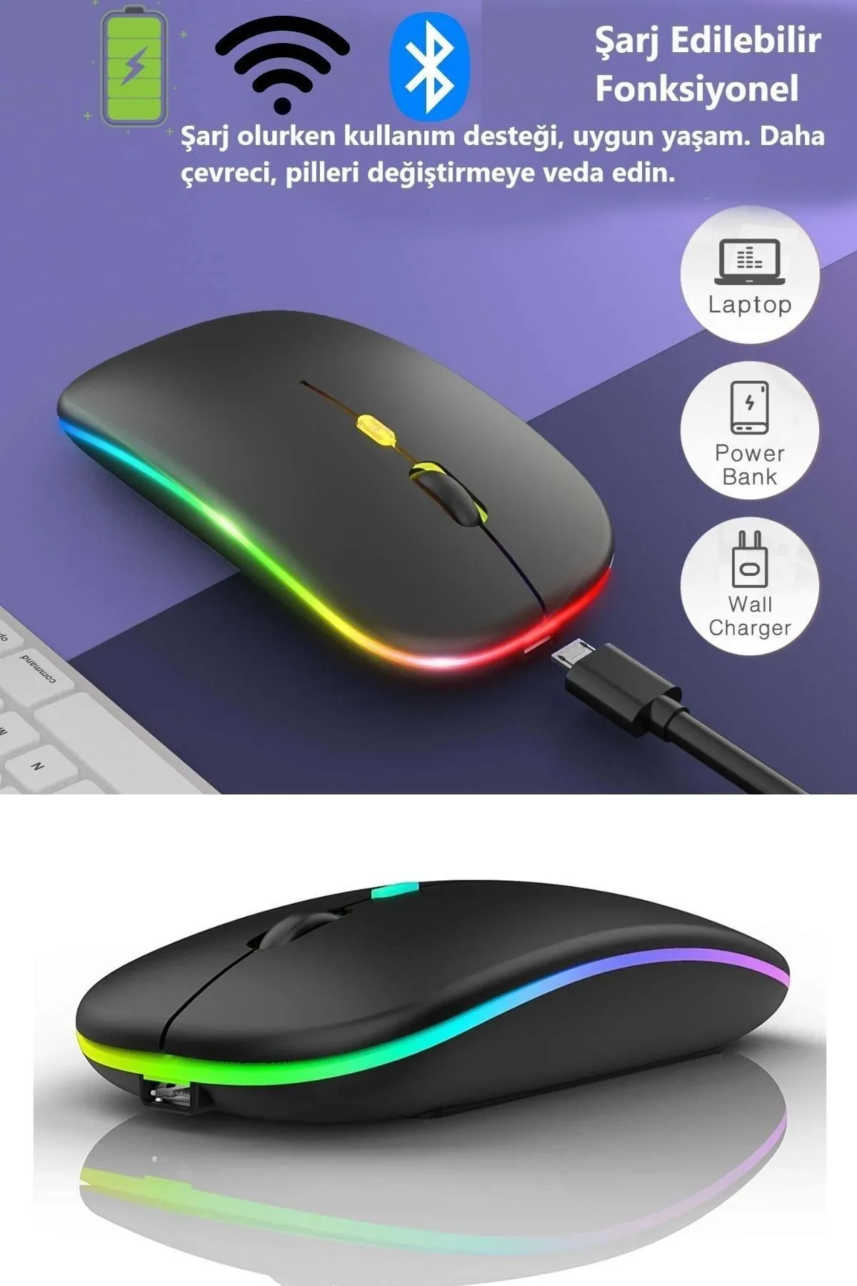 Havana Çift Modlu Kablosuz Bluetooth Mouse Rgb Ledli Şarj Edilebilir Sessiz Tıklama Ergonomik