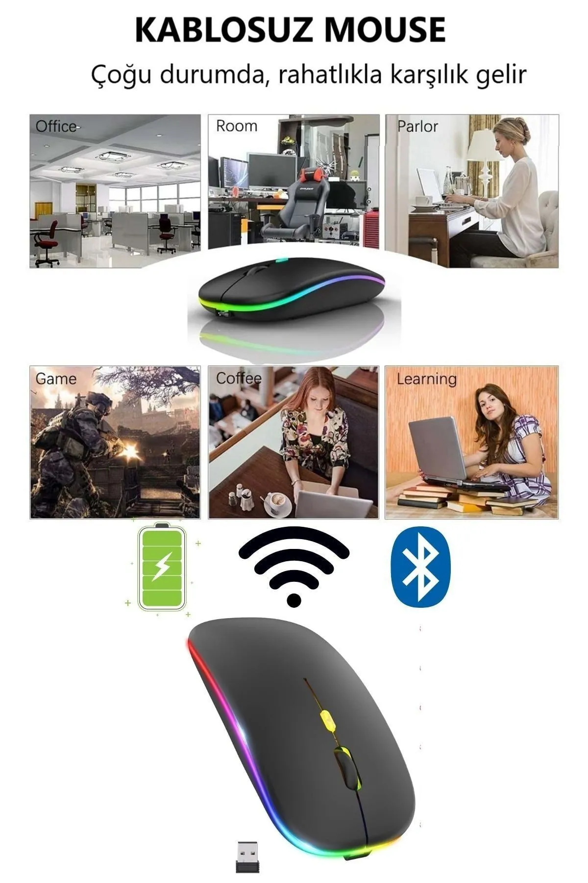 Havana Çift Modlu Kablosuz Bluetooth Mouse Rgb Ledli Şarj Edilebilir Sessiz Tıklama Ergonomik