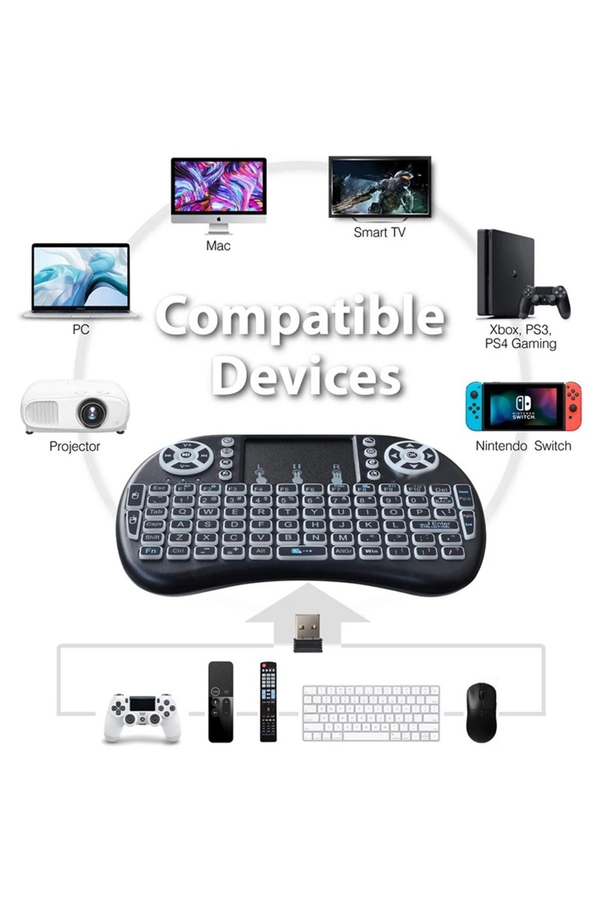 TEKNOMATİK Işıklı Mini Kablosuz TV Klavye Mouse Bataryalı