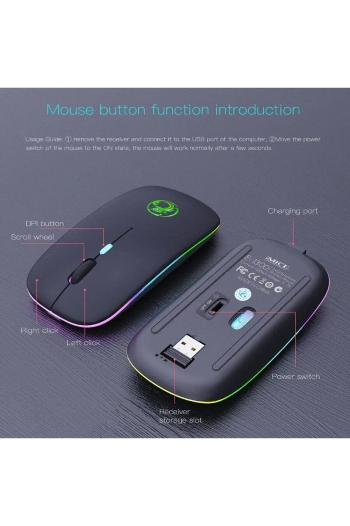 iMice Imıce Mouse Şarj Edilebilir, Kablosuz Optik Mouse 2.4 Ghz E-1300