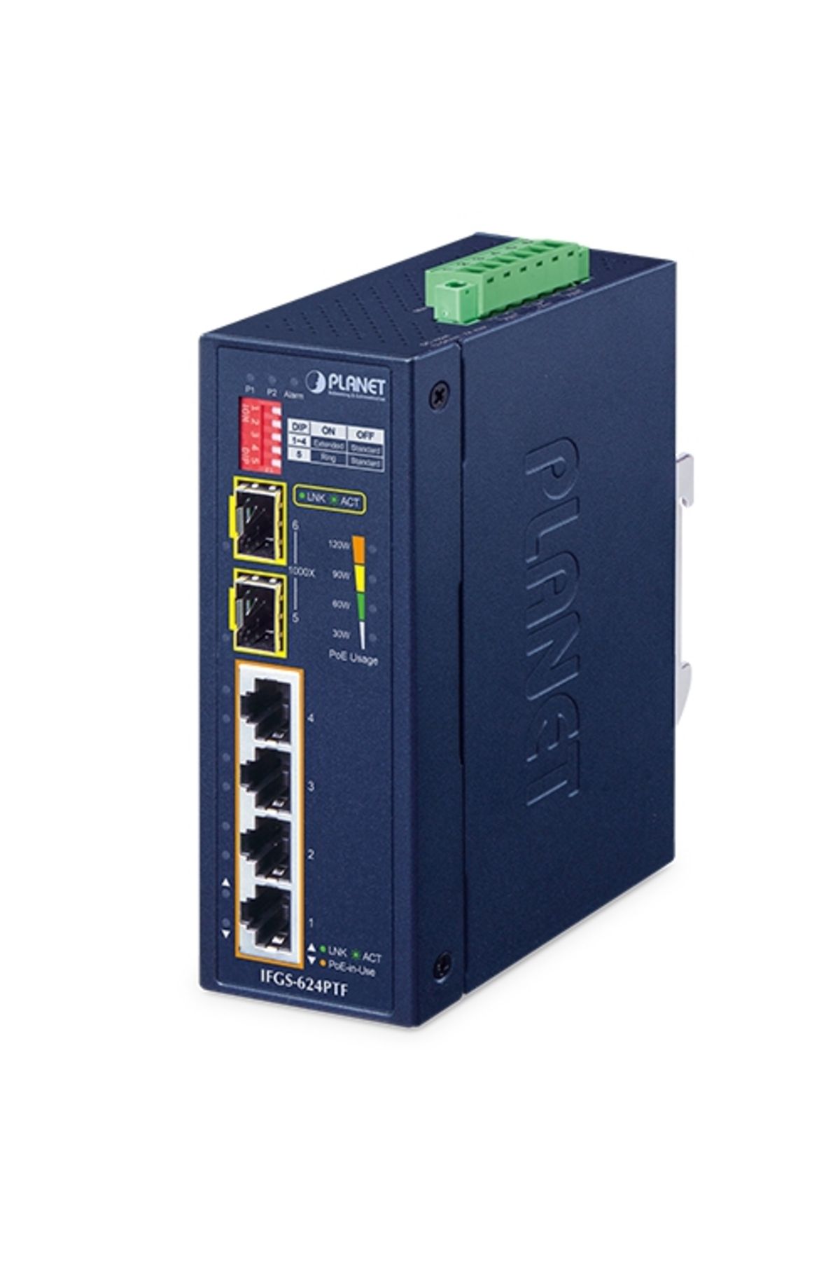 Planet Industrial 4-Port 10/100TX 802.3at PoE + 2-Port 1000X SFP Ring Ethernet Switch