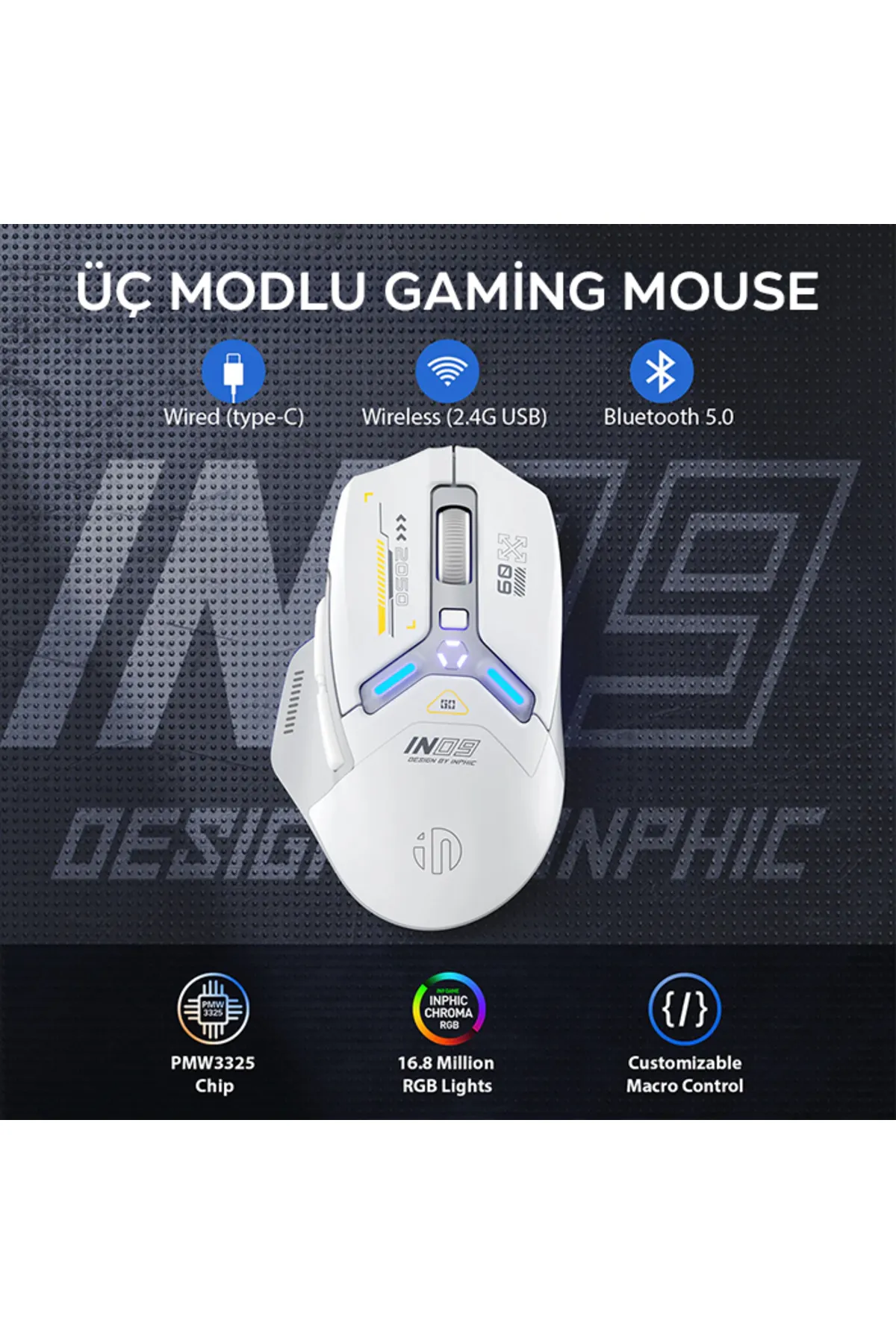 INPHIC İNPHIC İN9 Kablosuz Oyun Faresi, Gerçek Üç Modlu Bluetooth/Tip-CWired/2.4G Kablosuz mouse,10000 DPl