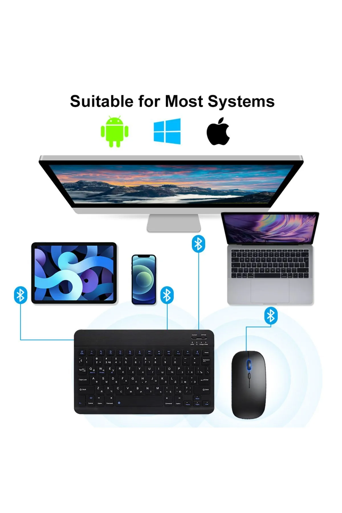 EHZ TEKNOLOJİ IPad Xiaomi Samsung Huawei Tablet Laptop Uyumlu Renkli Bluetooth Bağlantılı Klavye+Mouse Set