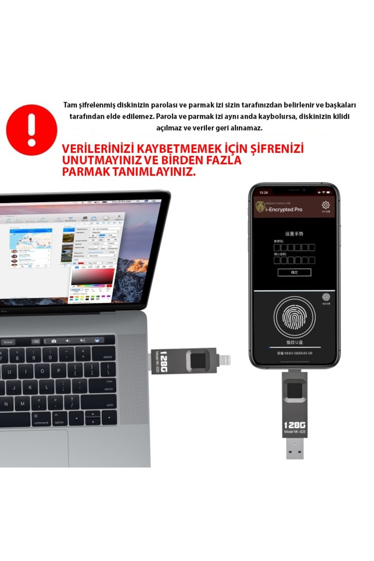 Techmaster İphone Ipad Usb 128gb Parmak Izi Korumalı Flash Bellek