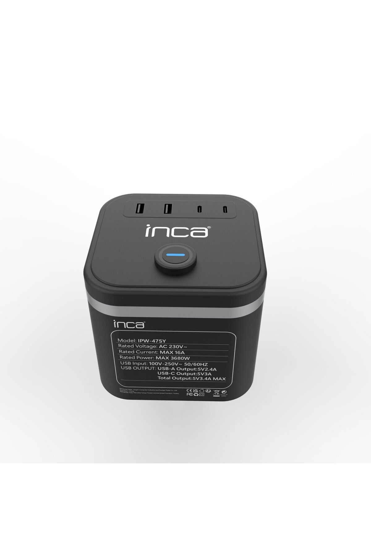 Inca IPW-47SY 3Port 2x USB+2x Type-C Akım Korumalı Led Tuşlu Duvar Priz - Siyah