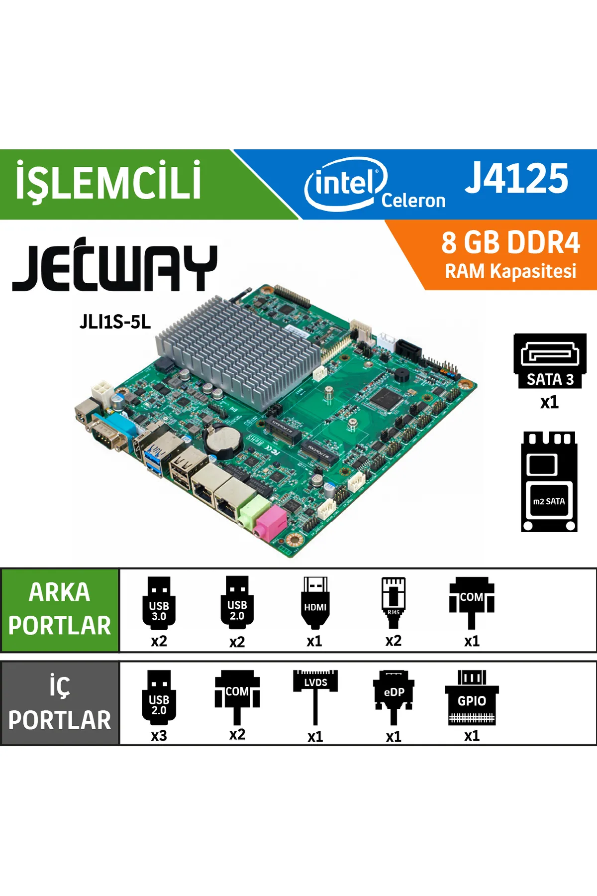 Jetway Jlı1s-5l Intel Celeron J4125 Fansız Endüstriyel Mini Itx Anakart