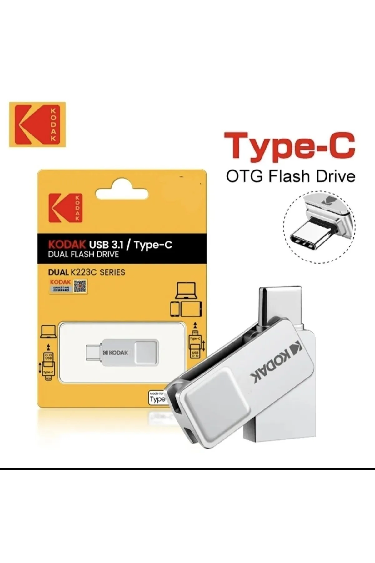 Kodak K223c 128gb Type-c Ve Usb 3.1 Usb Flash Bellek Hızlı Otg Çift Giriş Metal Sağlam