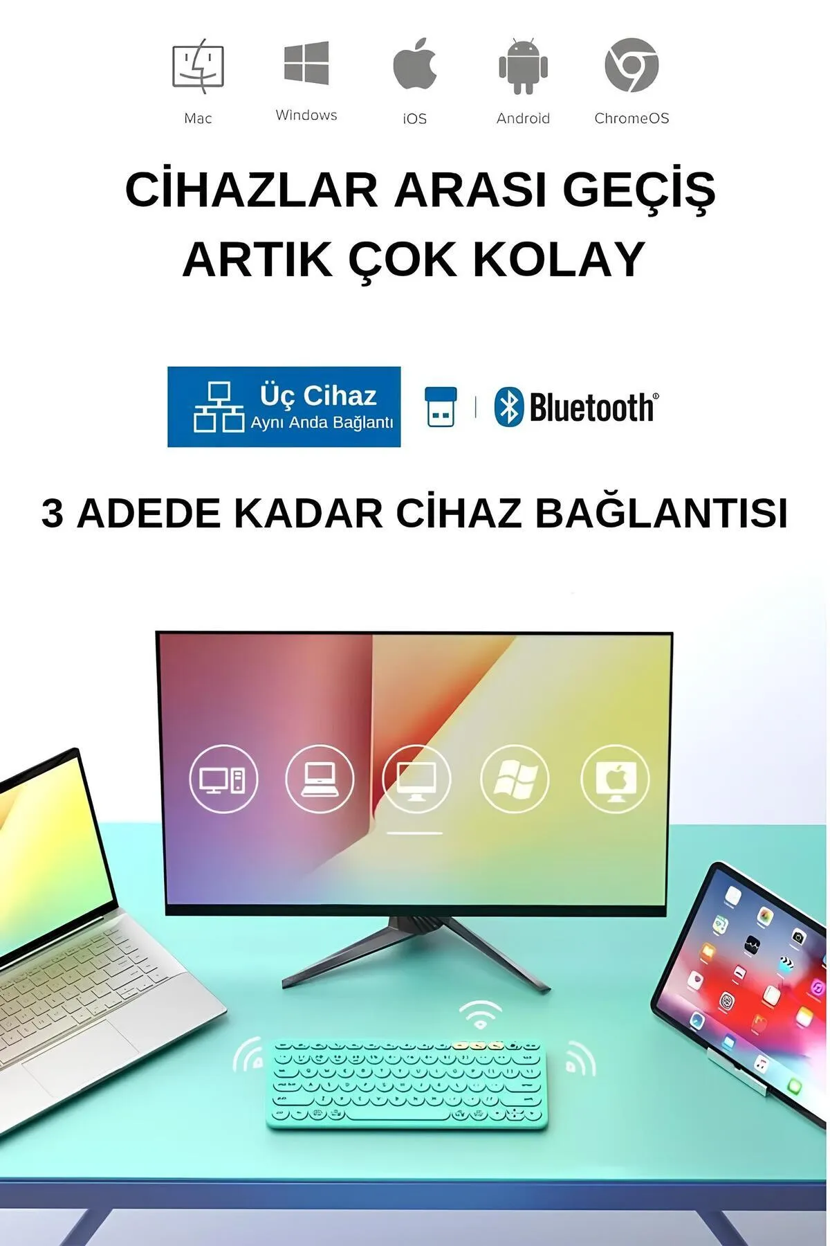 HP K231 Kablosuz 2.4ghz & Bluetooth V5.0 Şarj Edilebilir Sessiz Q Klavye Mavi (Ramwhite Garantili)