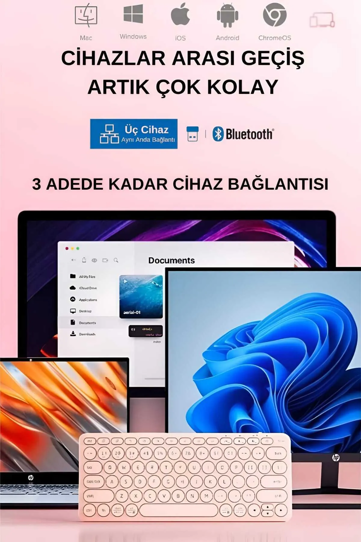 HP K231 Kablosuz 2.4ghz & Bluetooth V5.0 Şarj Edilebilir Sessiz Q Klavye Pembe (Ramwhite Garantili)