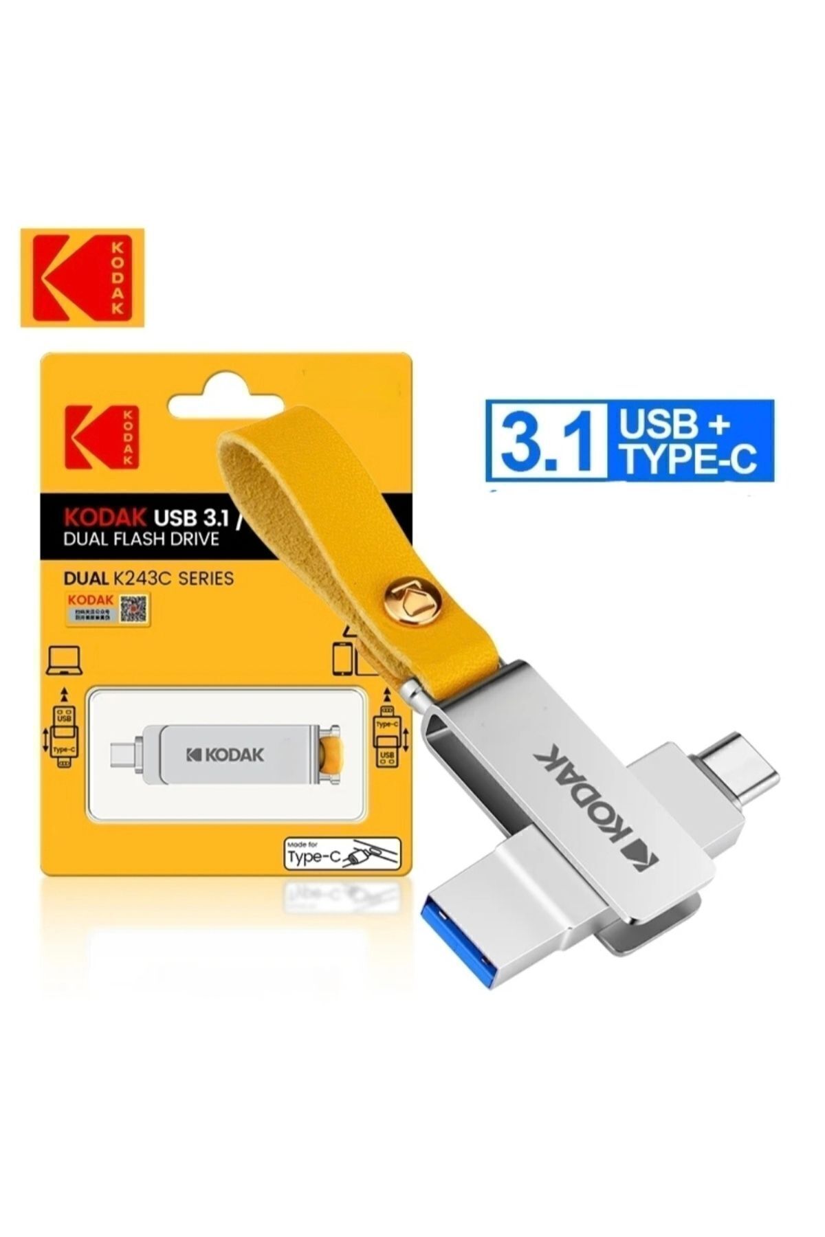 Kodak K243 128gb.type-c Ve Usb 3.1 Type-c Girişli Tüm Telefonlara Iphone 15/16 Serisine Uygundur