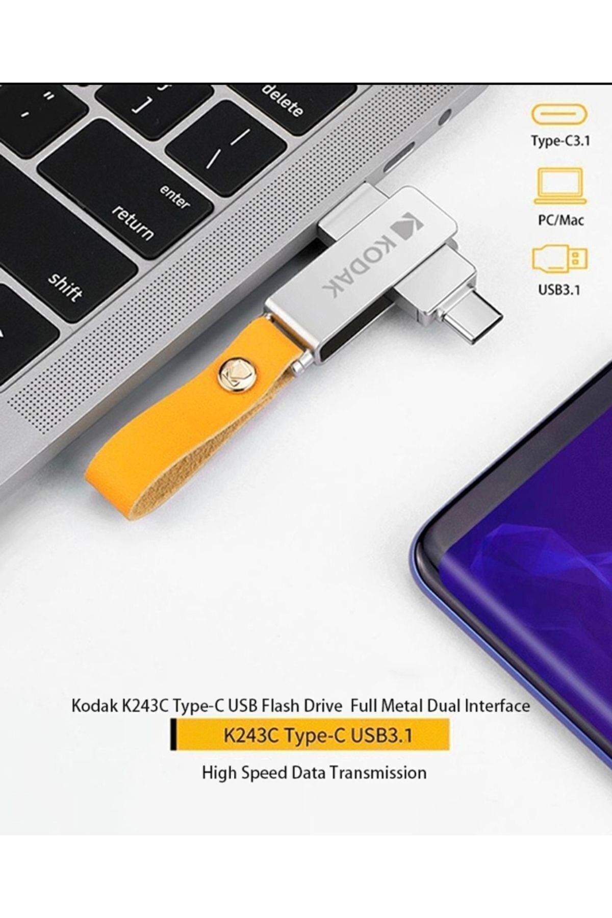 Kodak K243 128gb.type-c Ve Usb 3.1 Type-c Girişli Tüm Telefonlara Iphone 15/16 Serisine Uygundur