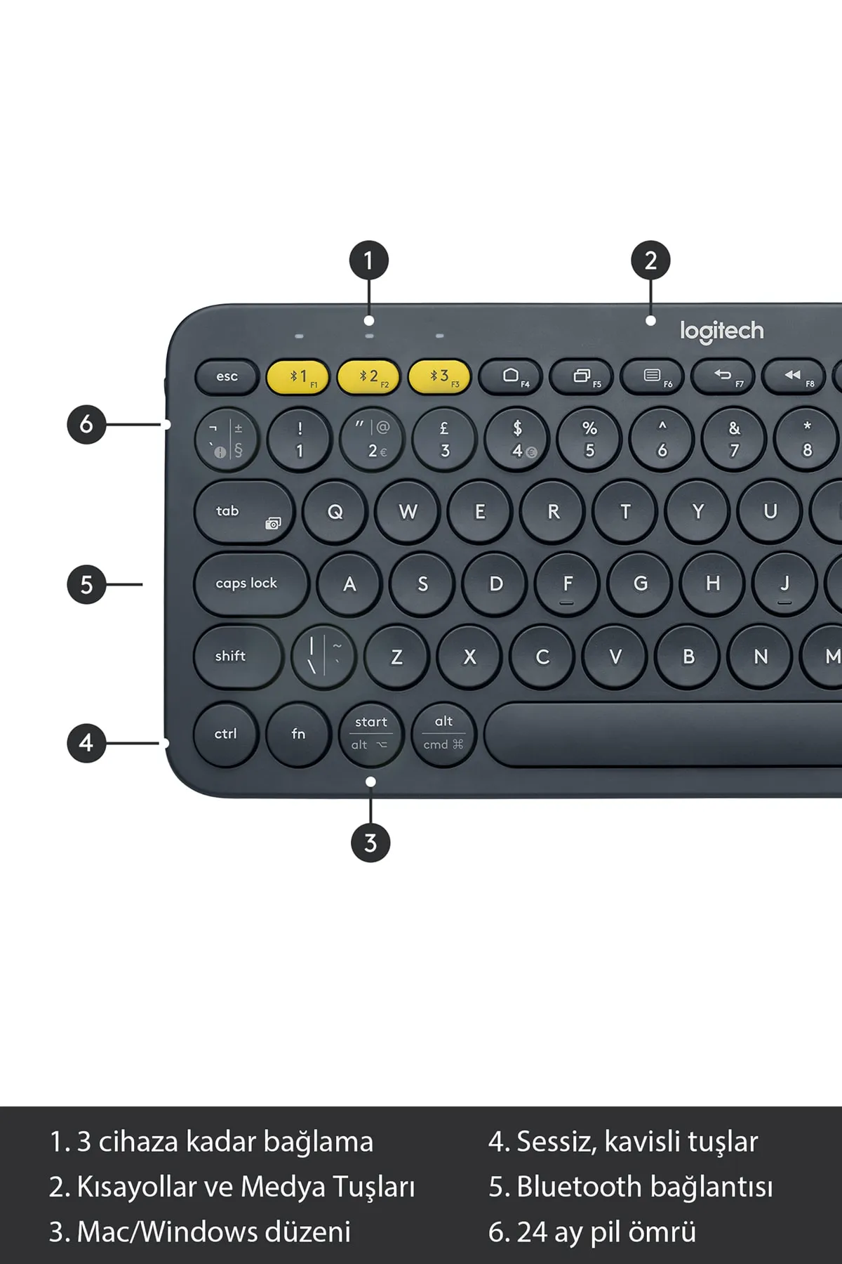 Logitech K380 Klavye Bluetooth Türkçe Multi-Device Kompakt Kablosuz Siyah