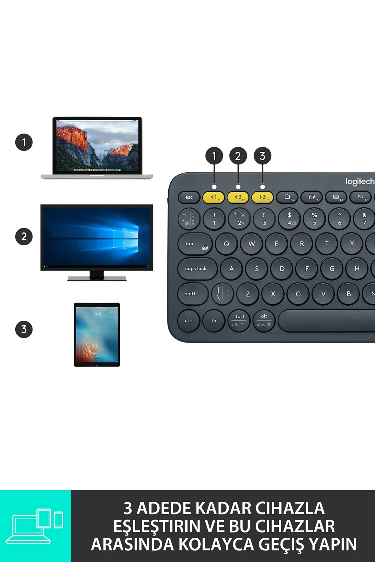 Logitech K380 Klavye Bluetooth Türkçe Multi-Device Kompakt Kablosuz Siyah